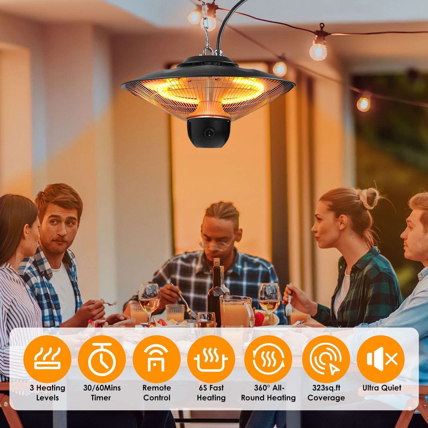1500W Outdoor Patio Heater Electric Hanging Heated Ceiling Mounted Heating Lamp IP23 Waterproof with 3 Heating Levels 30Mins/60Mins Timer 2 Remote Control for Garage Balcony Courtyard