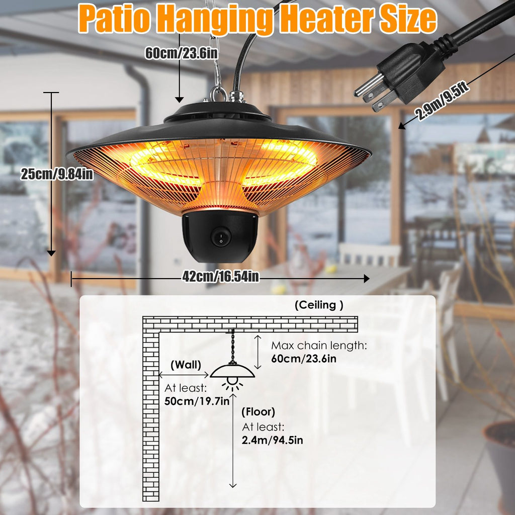 1500W Outdoor Patio Heater Electric Hanging Heated Ceiling Mounted Heating Lamp IP23 Waterproof with 3 Heating Levels 30Mins/60Mins Timer 2 Remote Control for Garage Balcony Courtyard