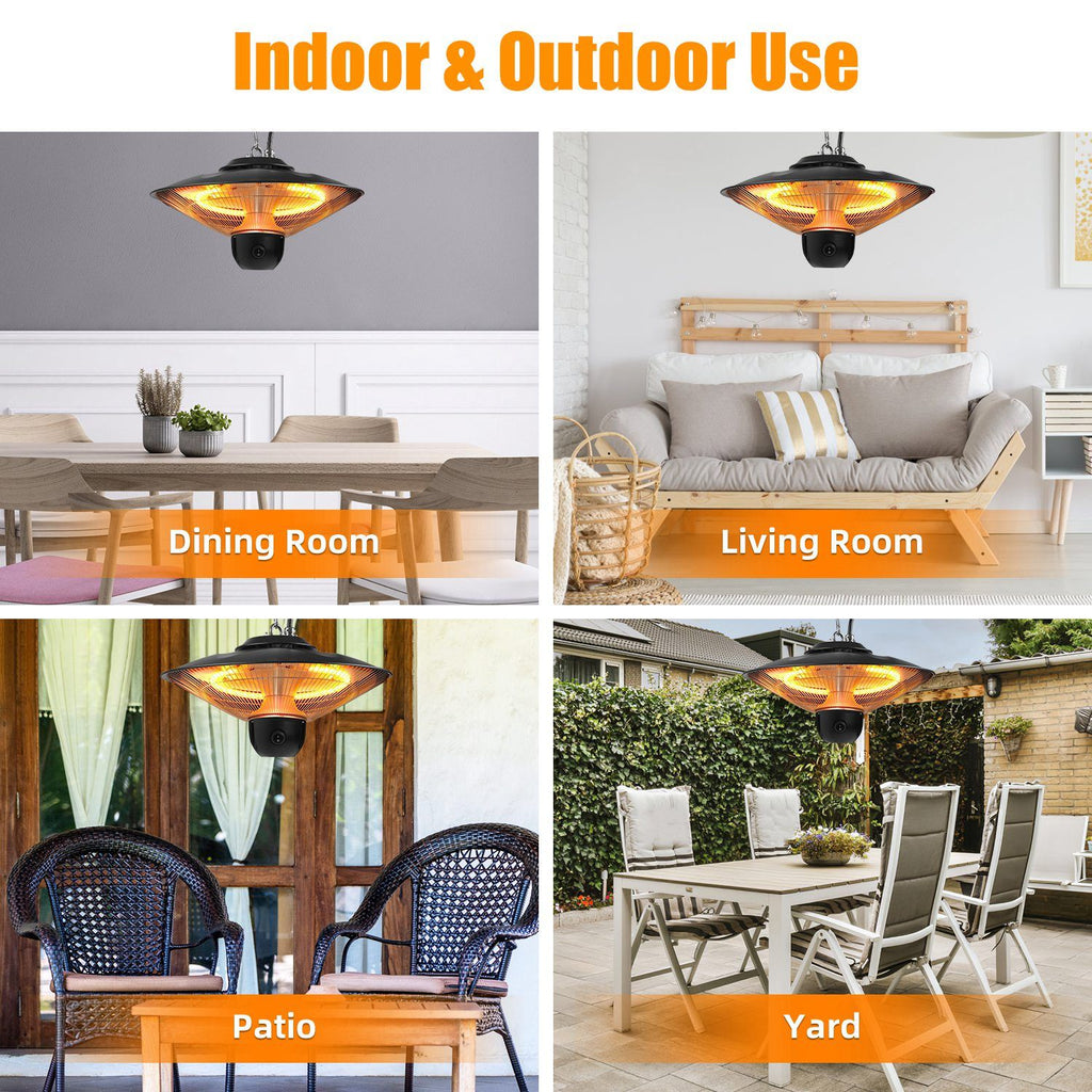 1500W Outdoor Patio Heater Electric Hanging Heated Ceiling Mounted Heating Lamp IP23 Waterproof with 3 Heating Levels 30Mins/60Mins Timer 2 Remote Control for Garage Balcony Courtyard