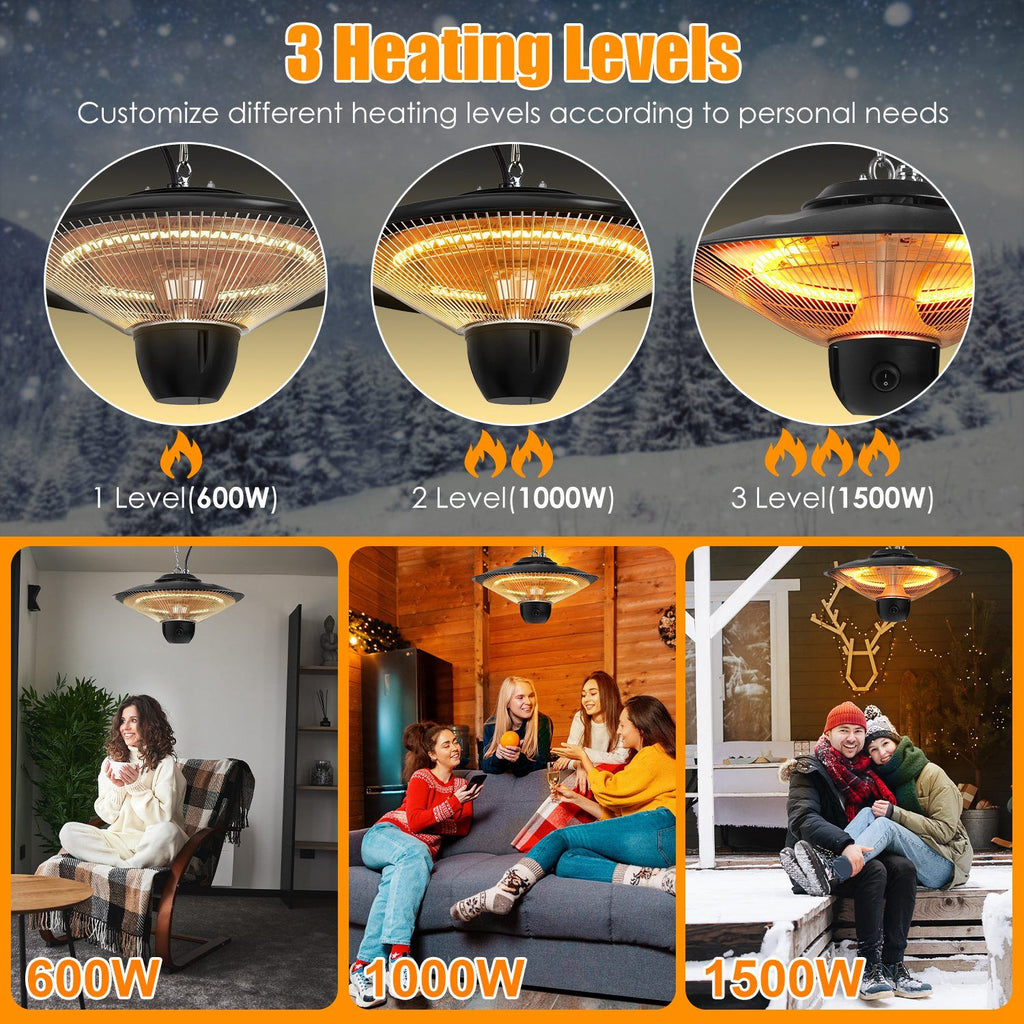 1500W Outdoor Patio Heater Electric Hanging Heated Ceiling Mounted Heating Lamp IP23 Waterproof with 3 Heating Levels 30Mins/60Mins Timer 2 Remote Control for Garage Balcony Courtyard