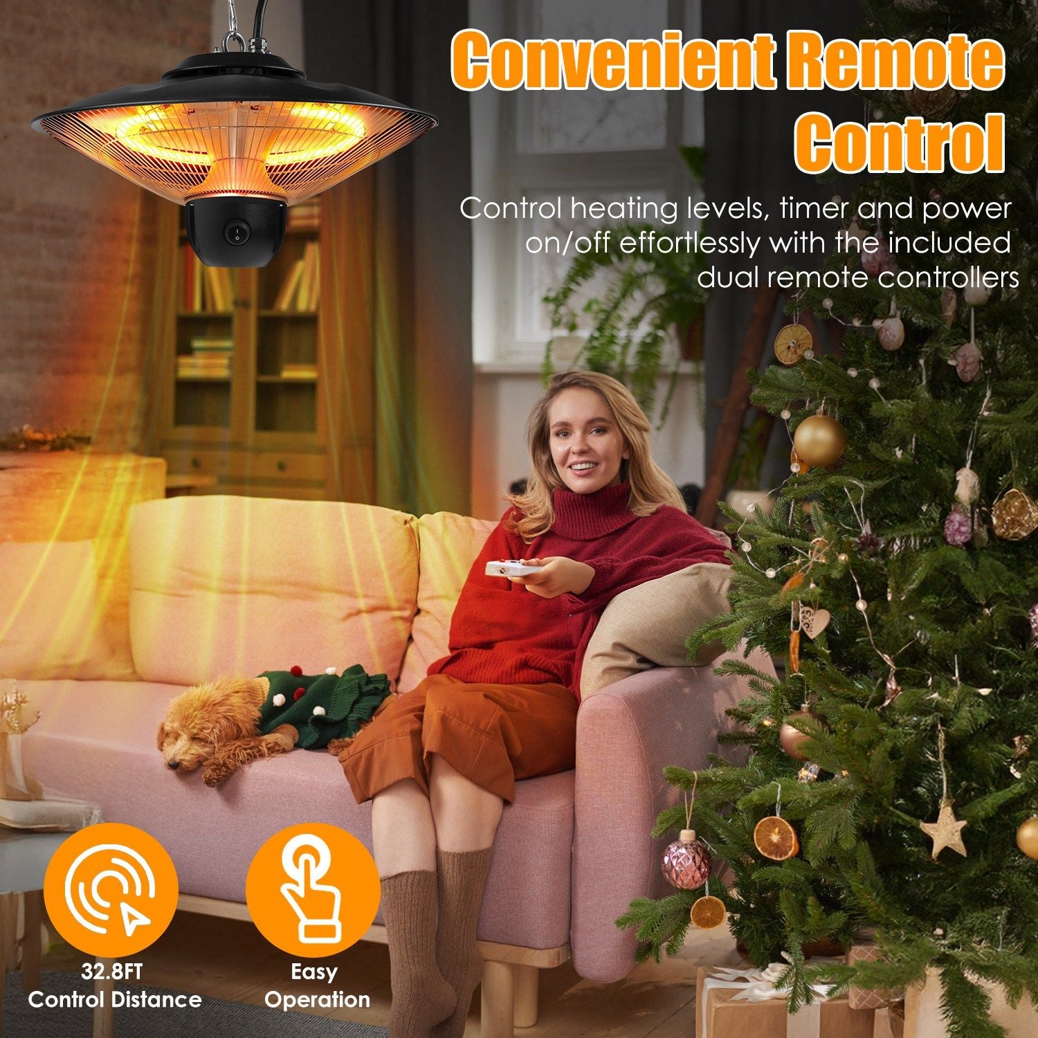 1500W Outdoor Patio Heater Electric Hanging Heated Ceiling Mounted Heating Lamp IP23 Waterproof with 3 Heating Levels 30Mins/60Mins Timer 2 Remote Control for Garage Balcony Courtyard