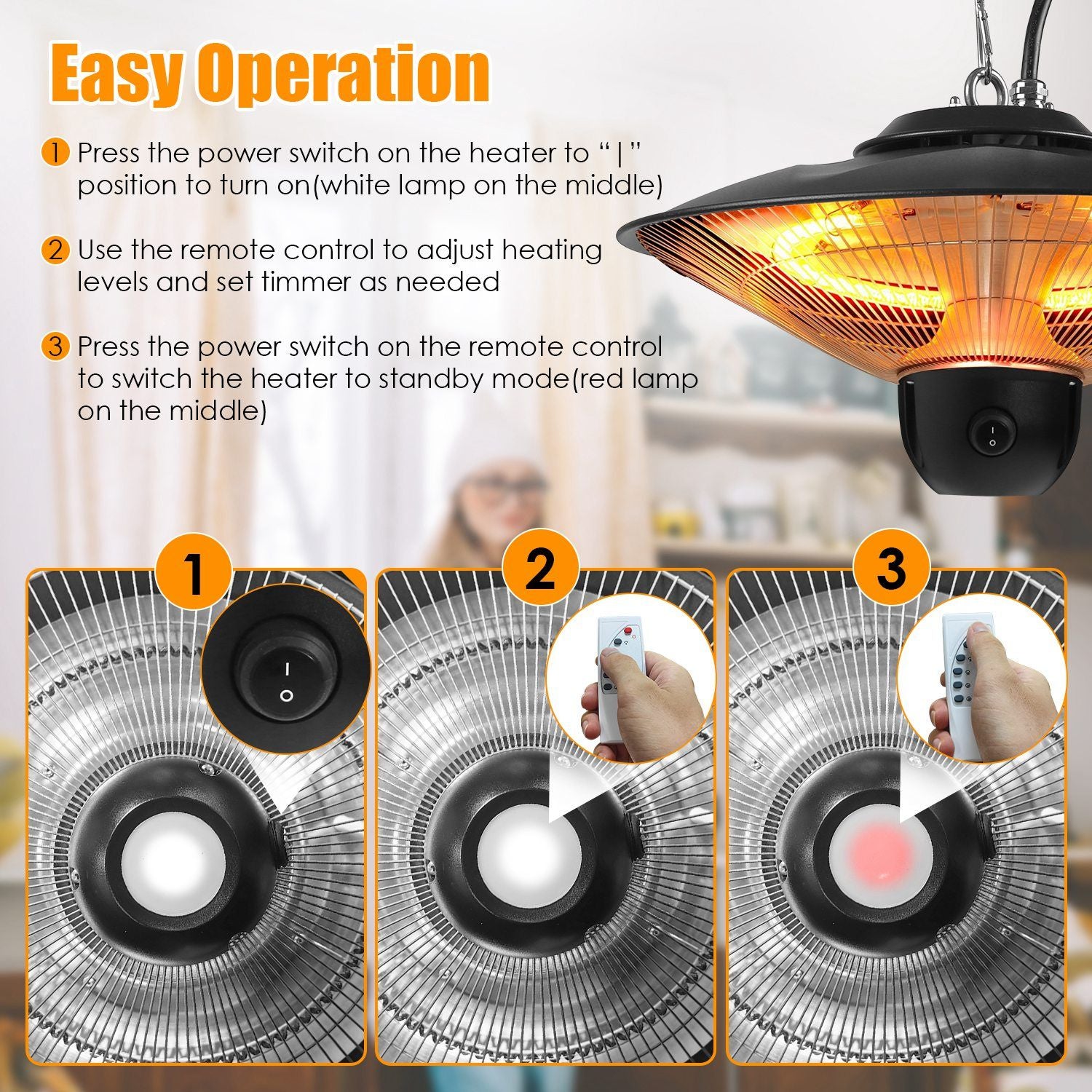 1500W Outdoor Patio Heater Electric Hanging Heated Ceiling Mounted Heating Lamp IP23 Waterproof with 3 Heating Levels 30Mins/60Mins Timer 2 Remote Control for Garage Balcony Courtyard