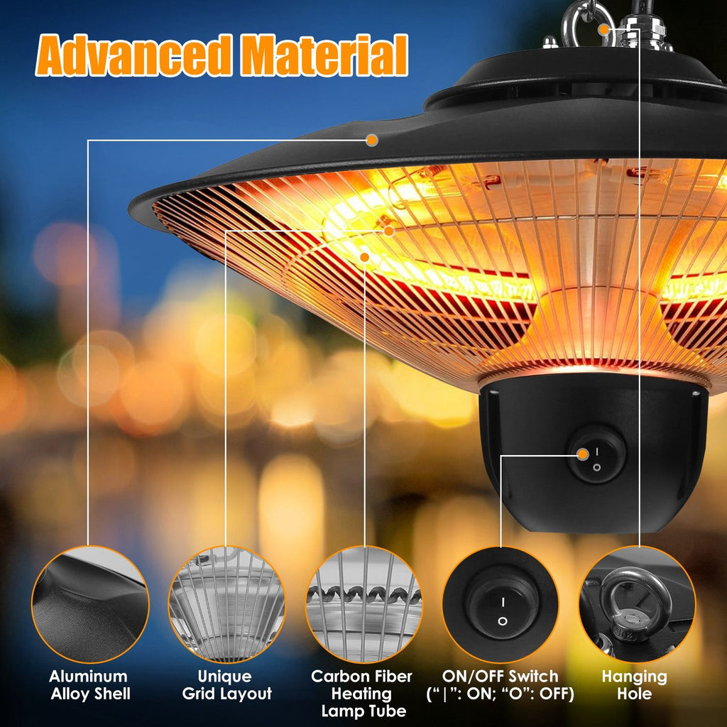 1500W Outdoor Patio Heater Electric Hanging Heated Ceiling Mounted Heating Lamp IP23 Waterproof with 3 Heating Levels 30Mins/60Mins Timer 2 Remote Control for Garage Balcony Courtyard