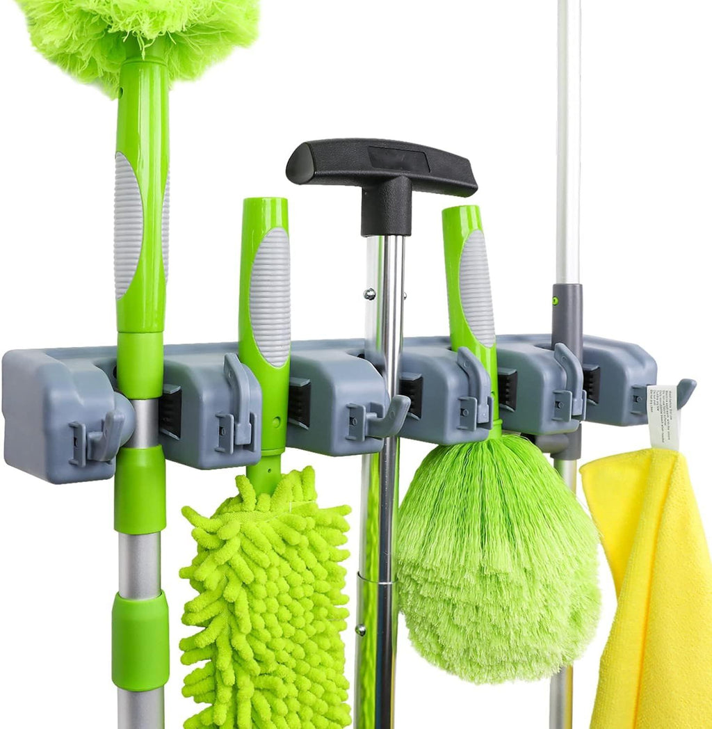 Rectangular Heavy Duty Wall Mount Broom and Mop Holder, Sturdy Tool Organizer with Hooks and Slots for Garage, Garden, Laundry, Kitchen Organization, 2.36 x 16.9 x 3.35 in, Gray