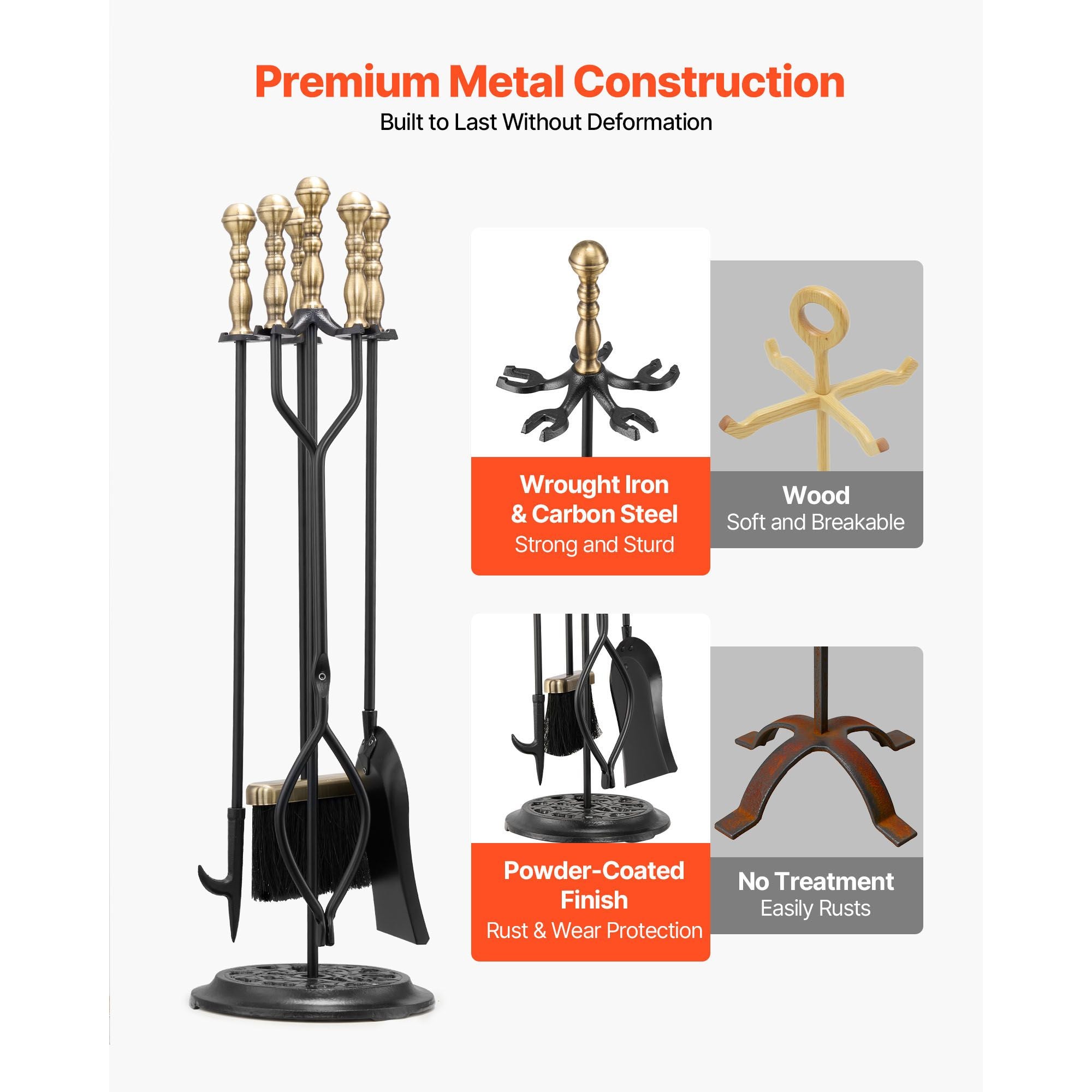 Fireplace Tool Set, 5 PCS Fire Tool Set and Holder with Five-Prong Stand, Tongs, Ash Shovel, Brush, Fire Place Poker, Wrought Iron Fireplace Accessories for Indoor/Outdoor, Black & Brass