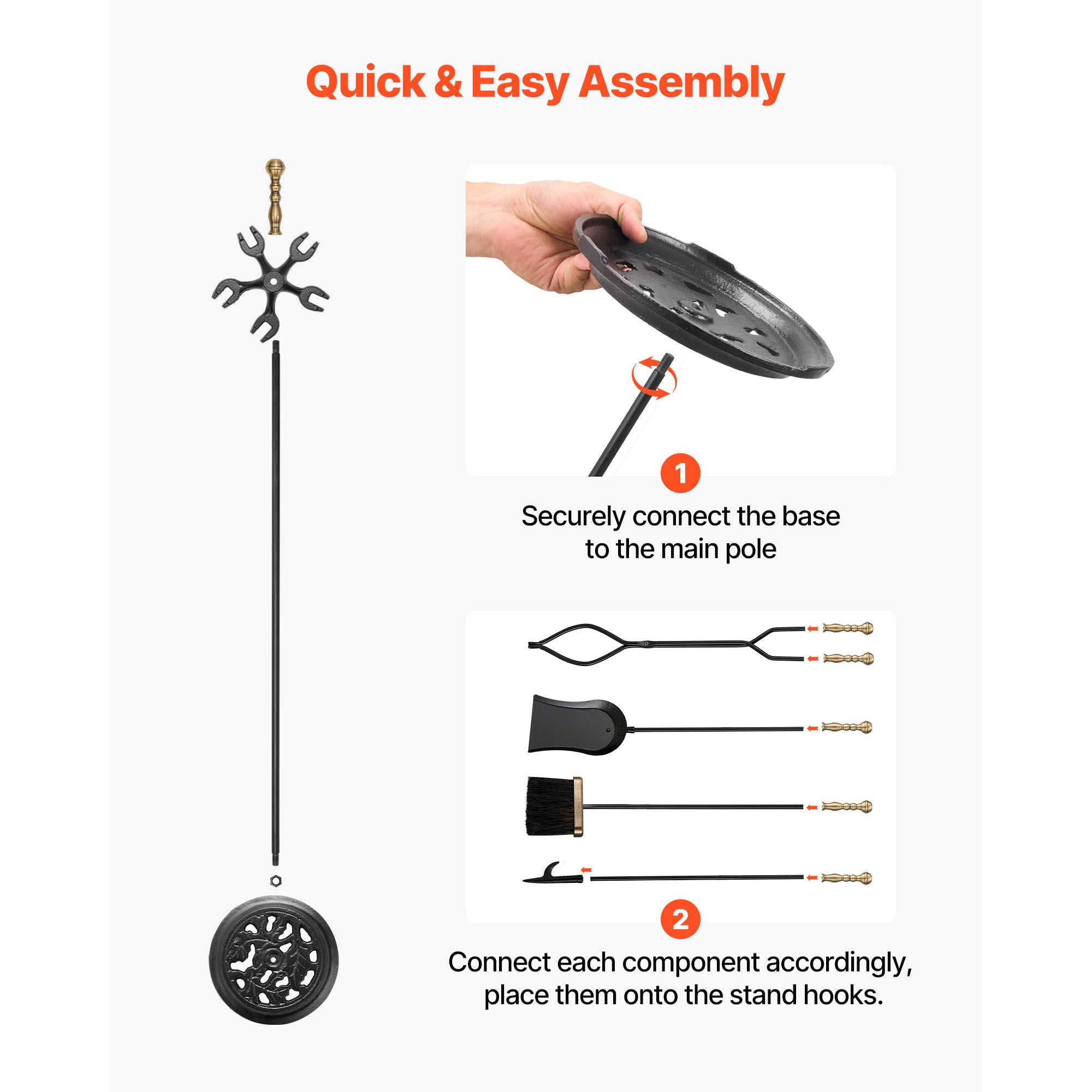 Fireplace Tool Set, 5 PCS Fire Tool Set and Holder with Five-Prong Stand, Tongs, Ash Shovel, Brush, Fire Place Poker, Wrought Iron Fireplace Accessories for Indoor/Outdoor, Black & Brass
