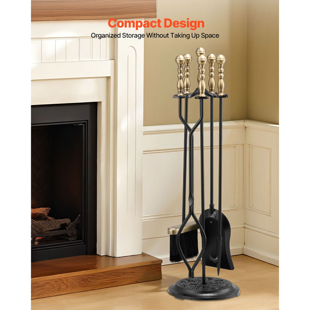 Fireplace Tool Set, 5 PCS Fire Tool Set and Holder with Five-Prong Stand, Tongs, Ash Shovel, Brush, Fire Place Poker, Wrought Iron Fireplace Accessories for Indoor/Outdoor, Black & Brass