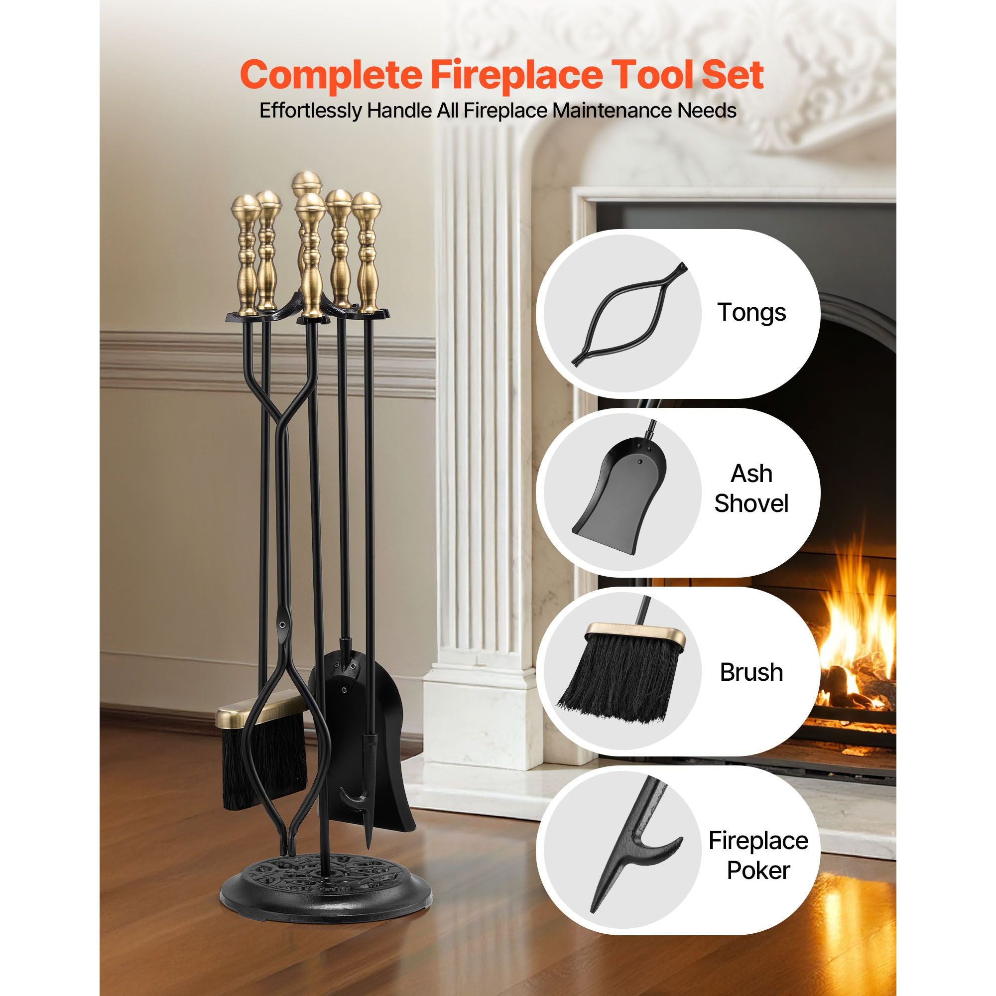 Fireplace Tool Set, 5 PCS Fire Tool Set and Holder with Five-Prong Stand, Tongs, Ash Shovel, Brush, Fire Place Poker, Wrought Iron Fireplace Accessories for Indoor/Outdoor, Black & Brass
