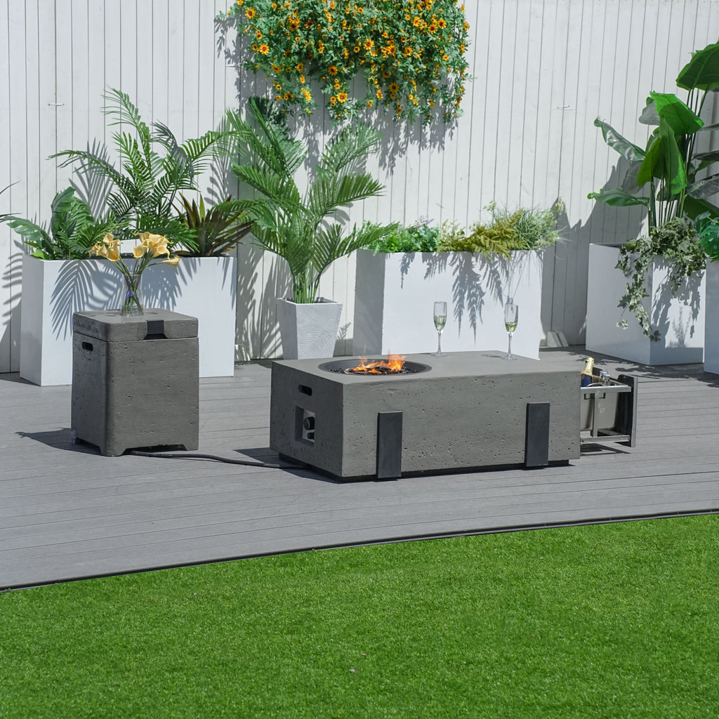 Patio Garden Fire Pit Table Set of 2 with Built-in Ice Bucket, Magnesium Oxide