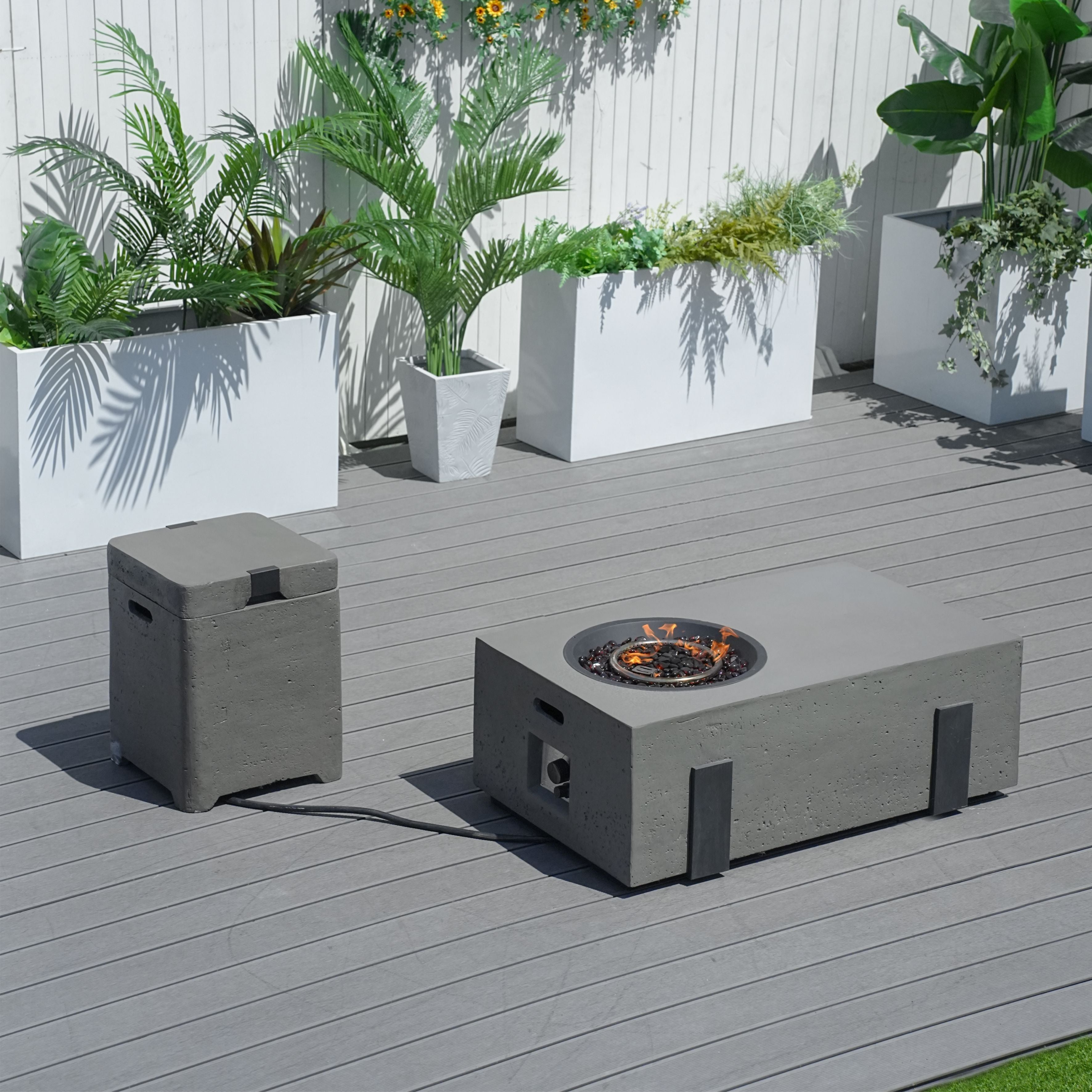Patio Garden Fire Pit Table Set of 2 with Built-in Ice Bucket, Magnesium Oxide