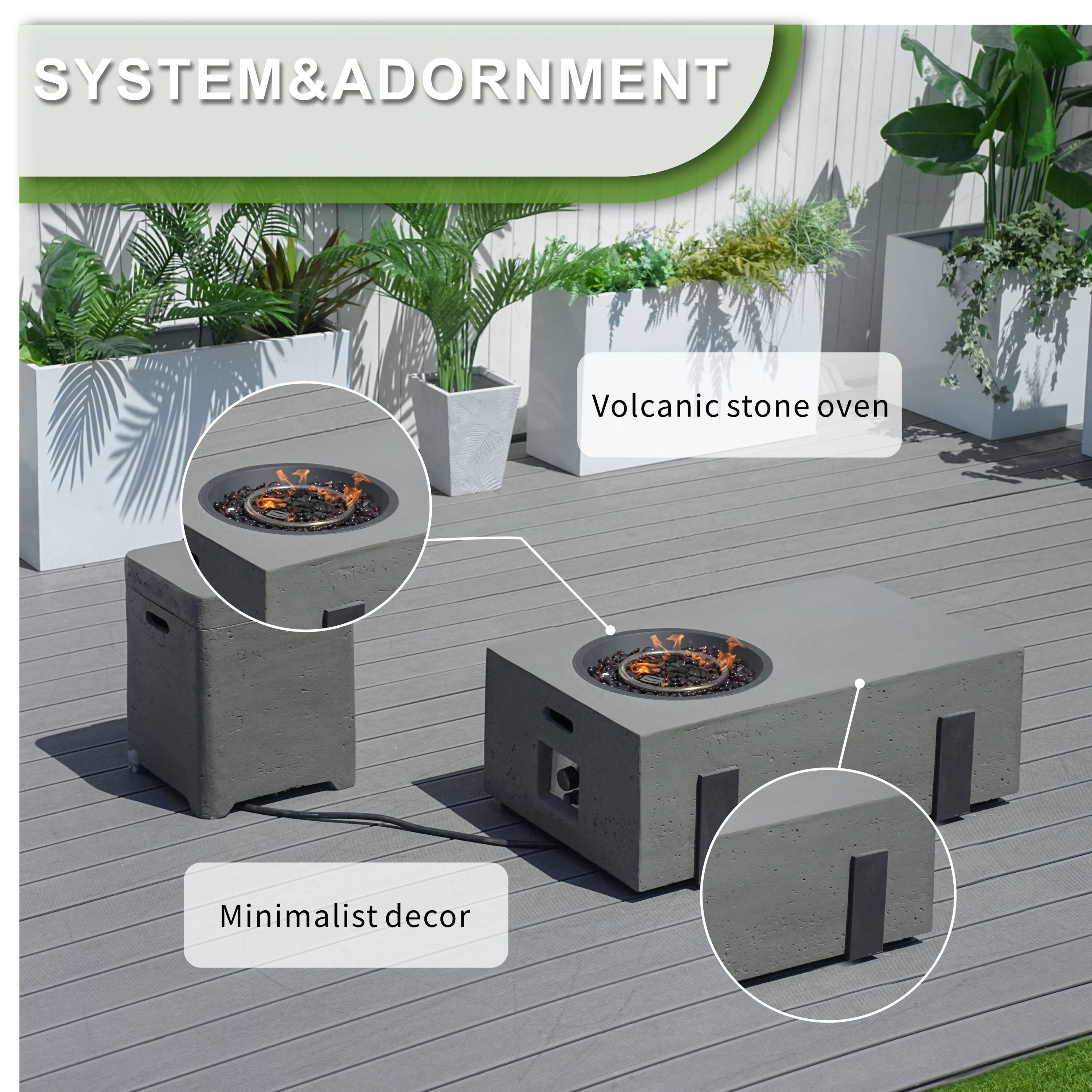 Patio Garden Fire Pit Table Set of 2 with Built-in Ice Bucket, Magnesium Oxide