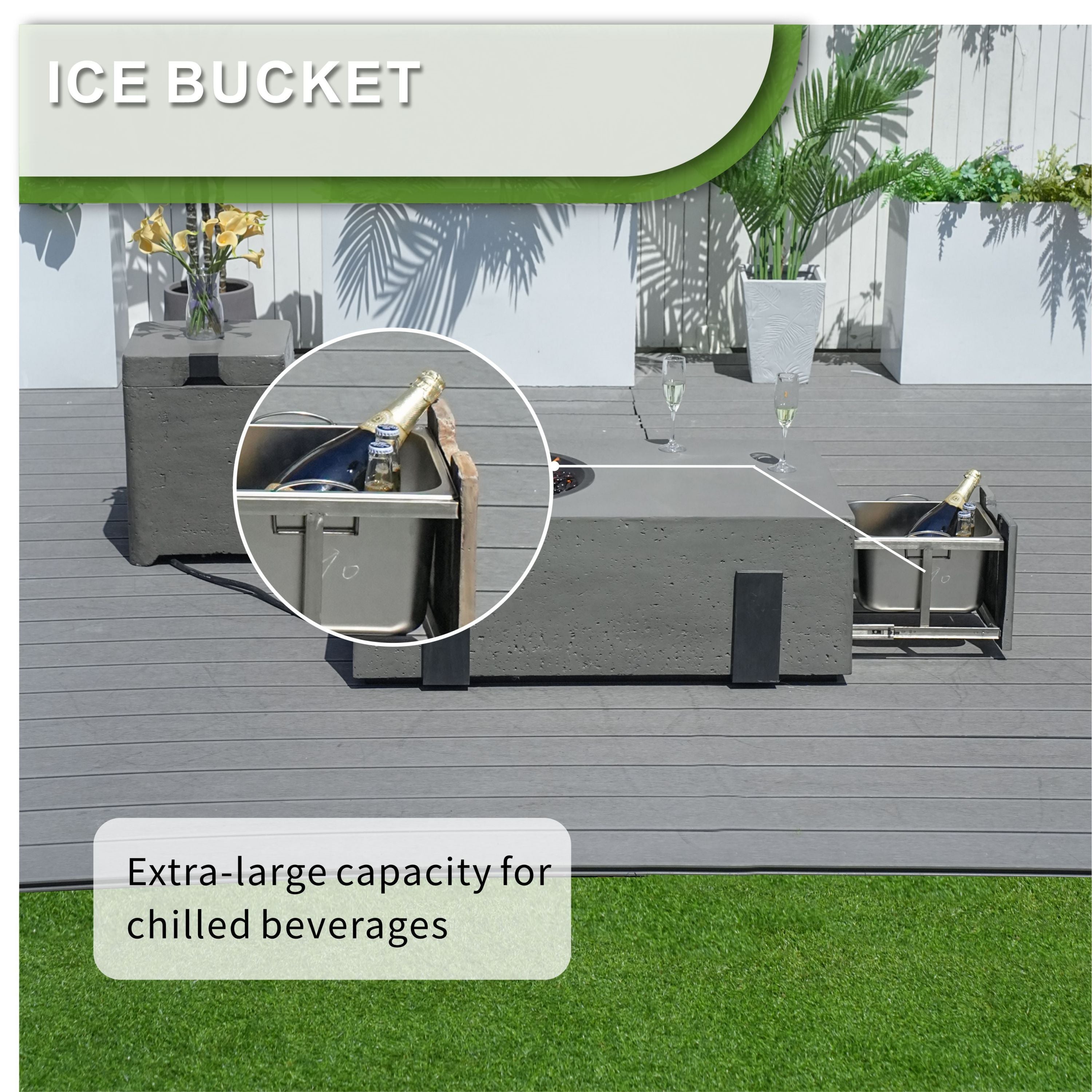 Patio Garden Fire Pit Table Set of 2 with Built-in Ice Bucket, Magnesium Oxide