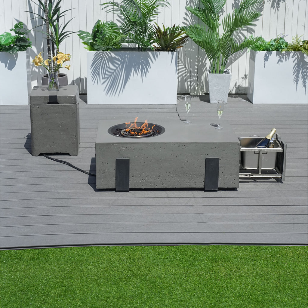 Patio Garden Fire Pit Table Set of 2 with Built-in Ice Bucket, Magnesium Oxide