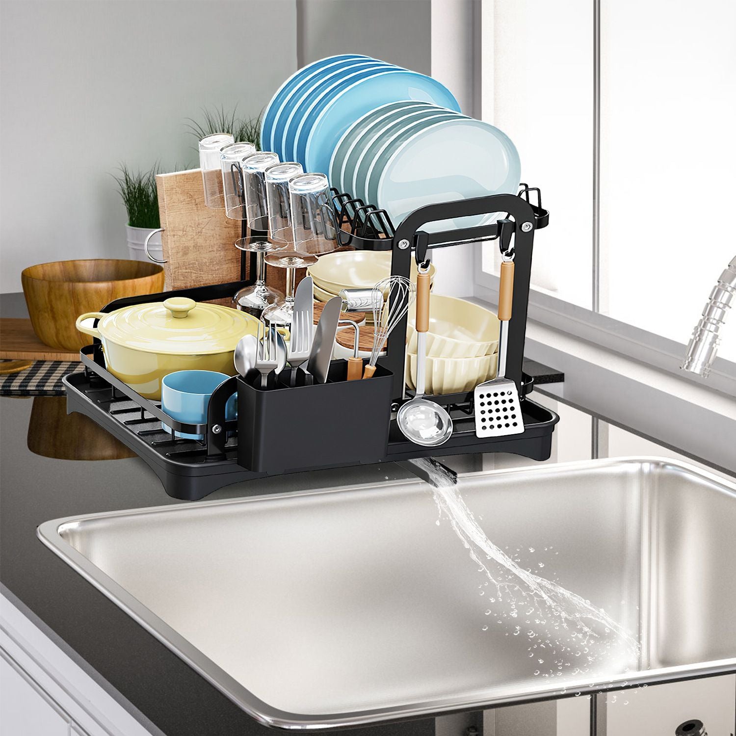2-Tier Dish Drying Rack for Kitchen Counter Space Saving Rustproof Dish Rack with Drainboard Detachable Kitchen Drainer Organizer Set