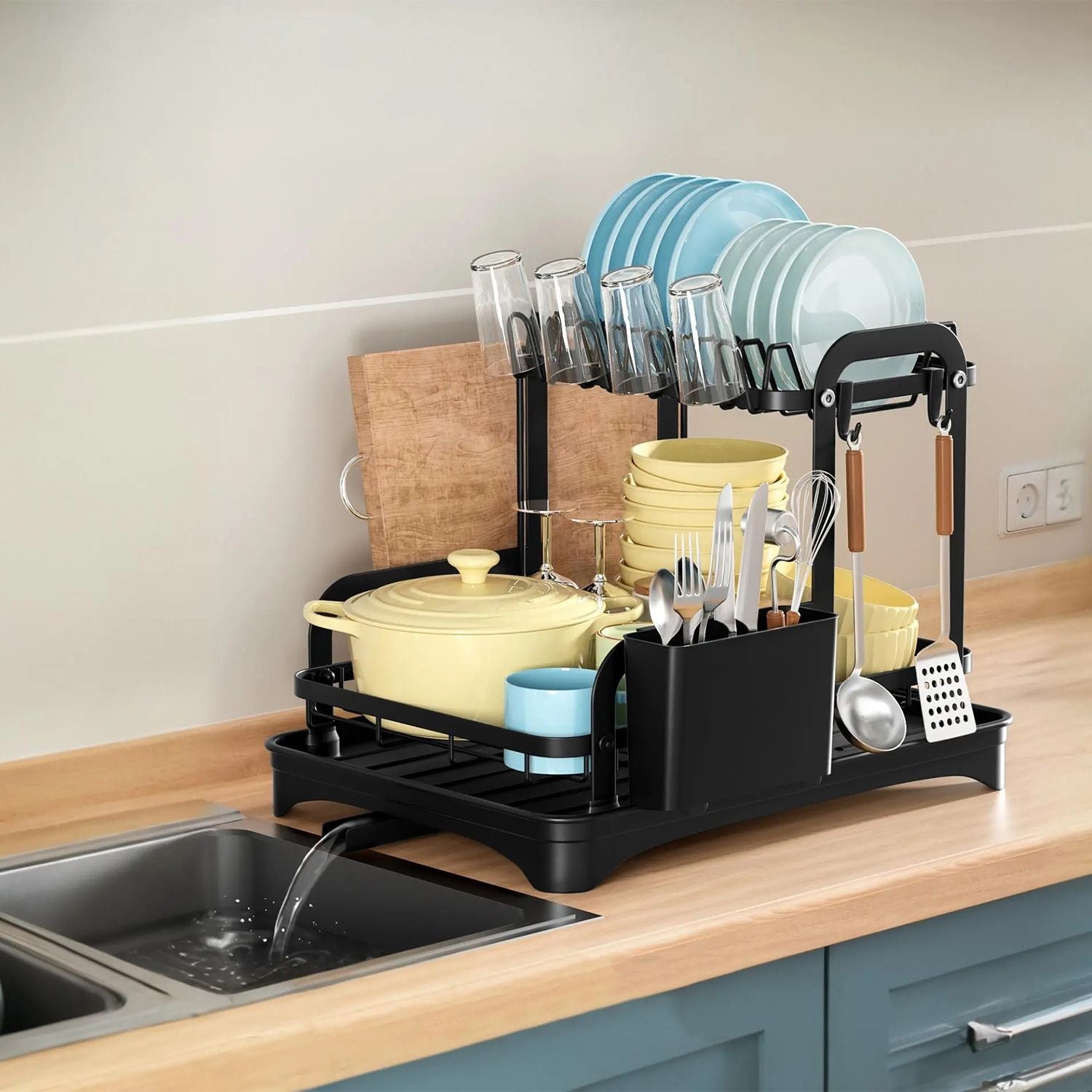 2-Tier Dish Drying Rack for Kitchen Counter Space Saving Rustproof Dish Rack with Drainboard Detachable Kitchen Drainer Organizer Set