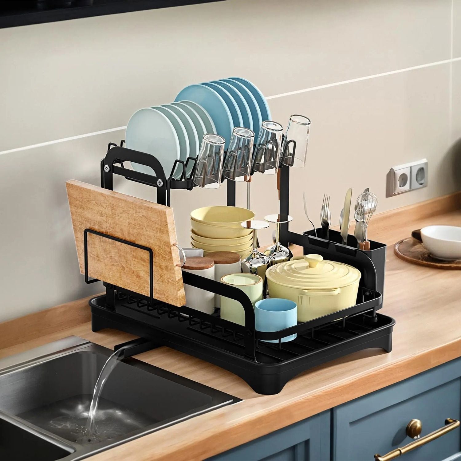 2-Tier Dish Drying Rack for Kitchen Counter Space Saving Rustproof Dish Rack with Drainboard Detachable Kitchen Drainer Organizer Set
