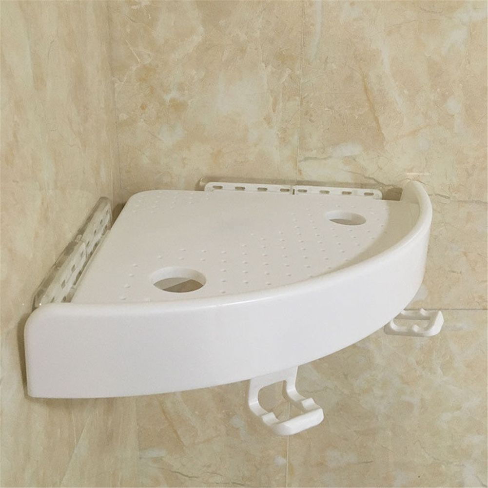 Bathroom Wall Corner Shelf Organizer, Kitchen Corner Storage Rack Non-Marking Shelf with Hooks, Easy to Install (White, One Size)