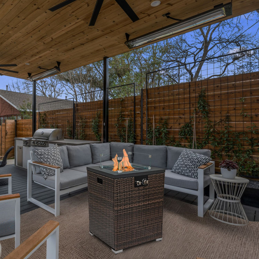 22" Propane Gas Fire Pit Table, 50000 BTU Square Steel Fire Pit with Beautiful Wicker Base for Outside Patio Deck Garden Backyard-Dark Brown