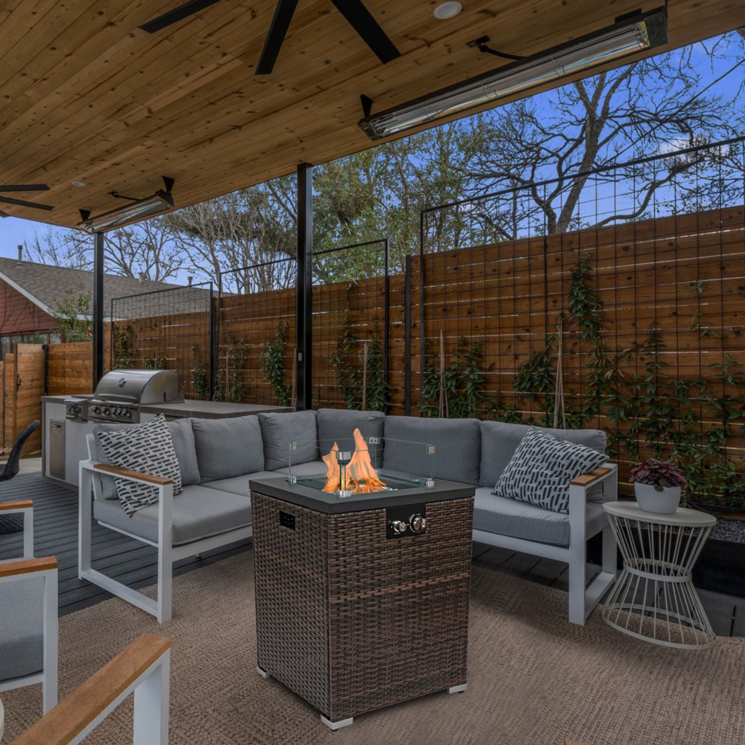 22" Propane Gas Fire Pit Table, 50000 BTU Square Steel Fire Pit with Beautiful Wicker Base for Outside Patio Deck Garden Backyard-Dark Brown