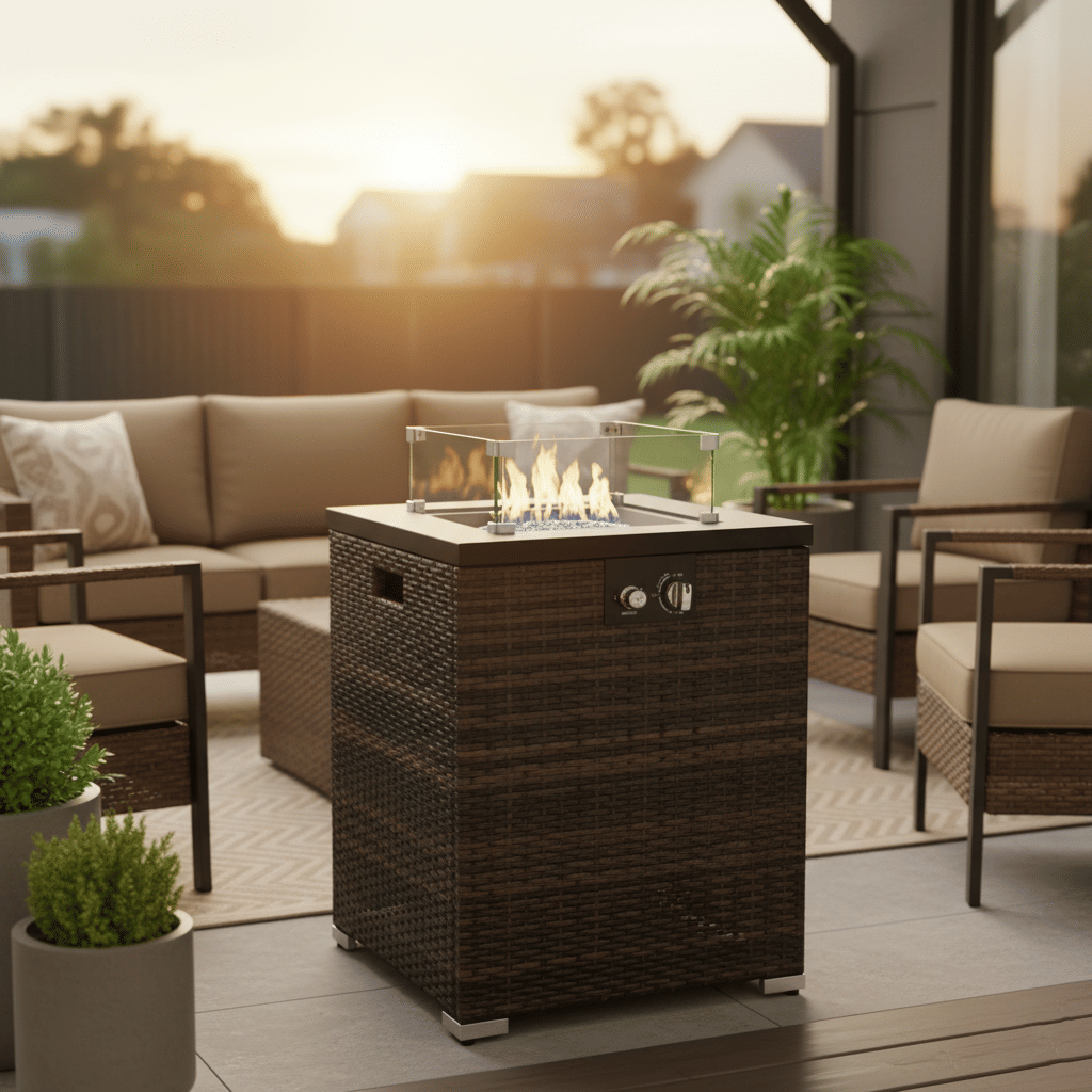 22" Propane Gas Fire Pit Table, 50000 BTU Square Steel Fire Pit with Beautiful Wicker Base for Outside Patio Deck Garden Backyard-Dark Brown