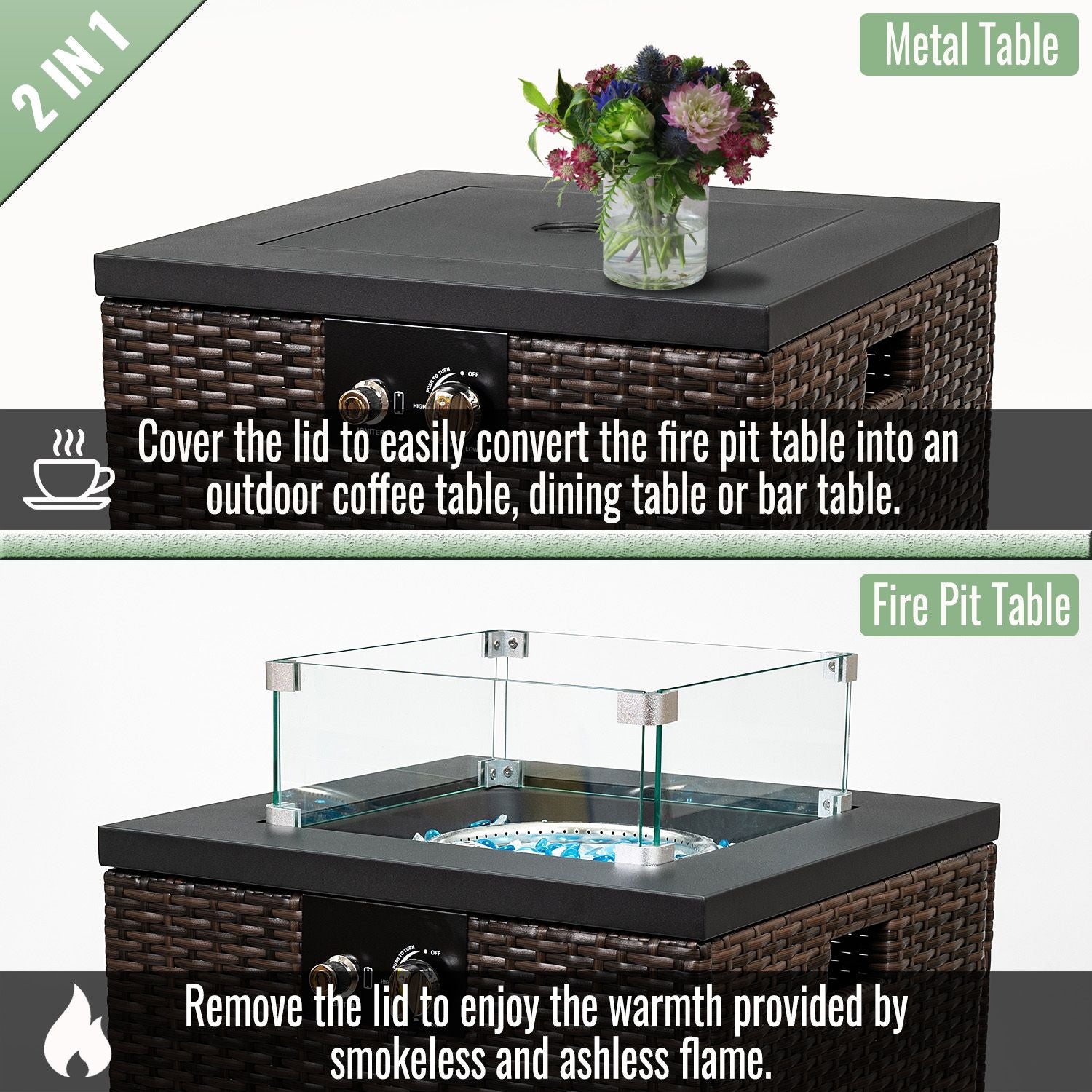 22" Propane Gas Fire Pit Table, 50000 BTU Square Steel Fire Pit with Beautiful Wicker Base for Outside Patio Deck Garden Backyard-Dark Brown