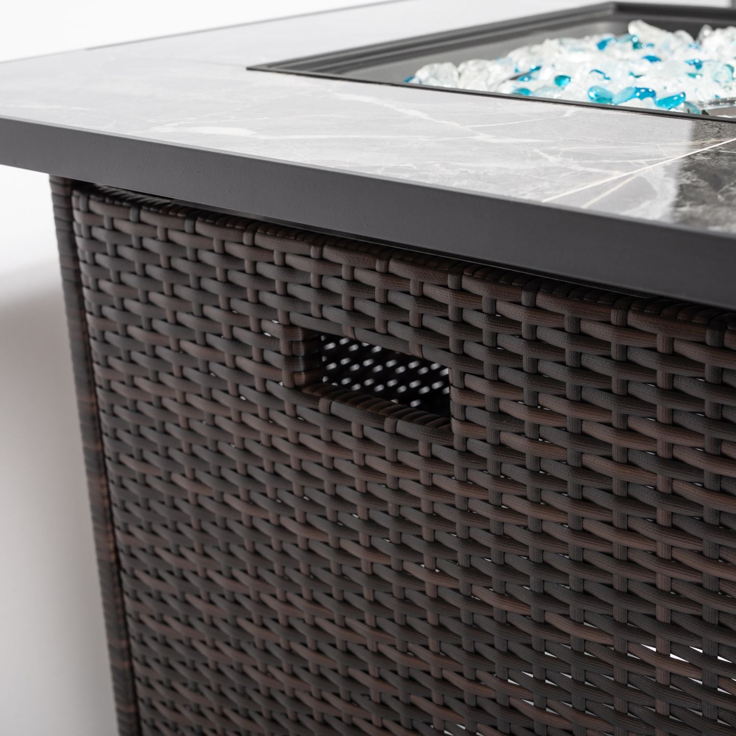 30" Propane Gas Fire Pit Table, 50000 BTU Square Fire Pit, Tile Tabletop with Beautiful Wicker Base for Outside Patio Deck Garden Courtyard-Brown