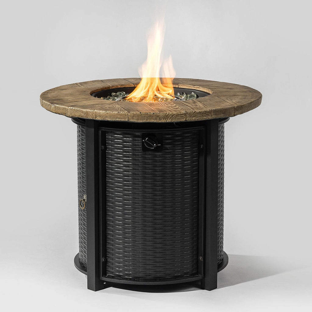 30" Propane Gas Fire Pit Table, 50000 BTU Round Steel Fire Pit with Imitation Wood Grain Finish for Outside Patio Deck Garden Backyard- Black
