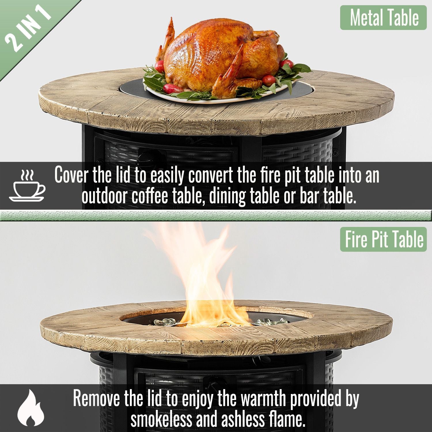 30" Propane Gas Fire Pit Table, 50000 BTU Round Steel Fire Pit with Imitation Wood Grain Finish for Outside Patio Deck Garden Backyard- Black