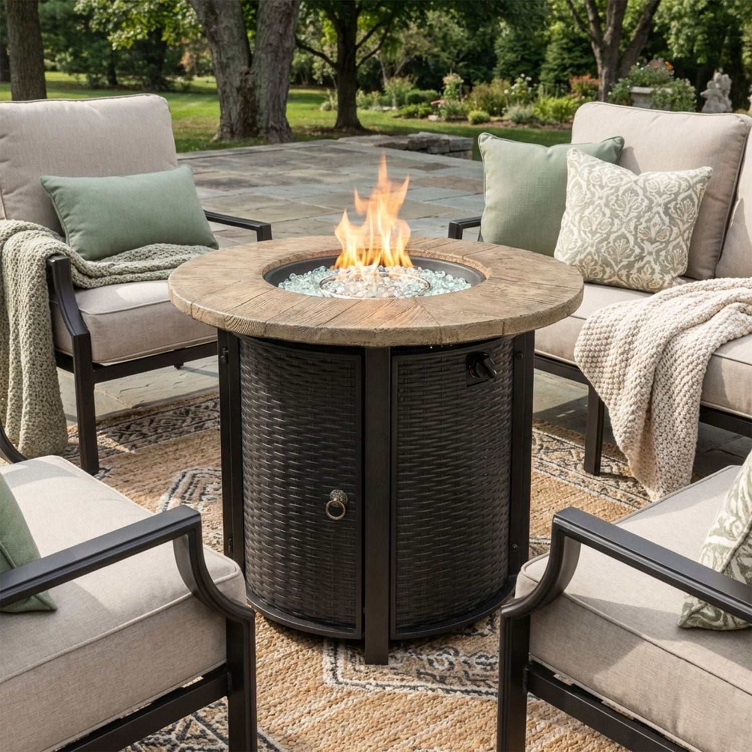 30" Propane Gas Fire Pit Table, 50000 BTU Round Steel Fire Pit with Imitation Wood Grain Finish for Outside Patio Deck Garden Backyard- Black