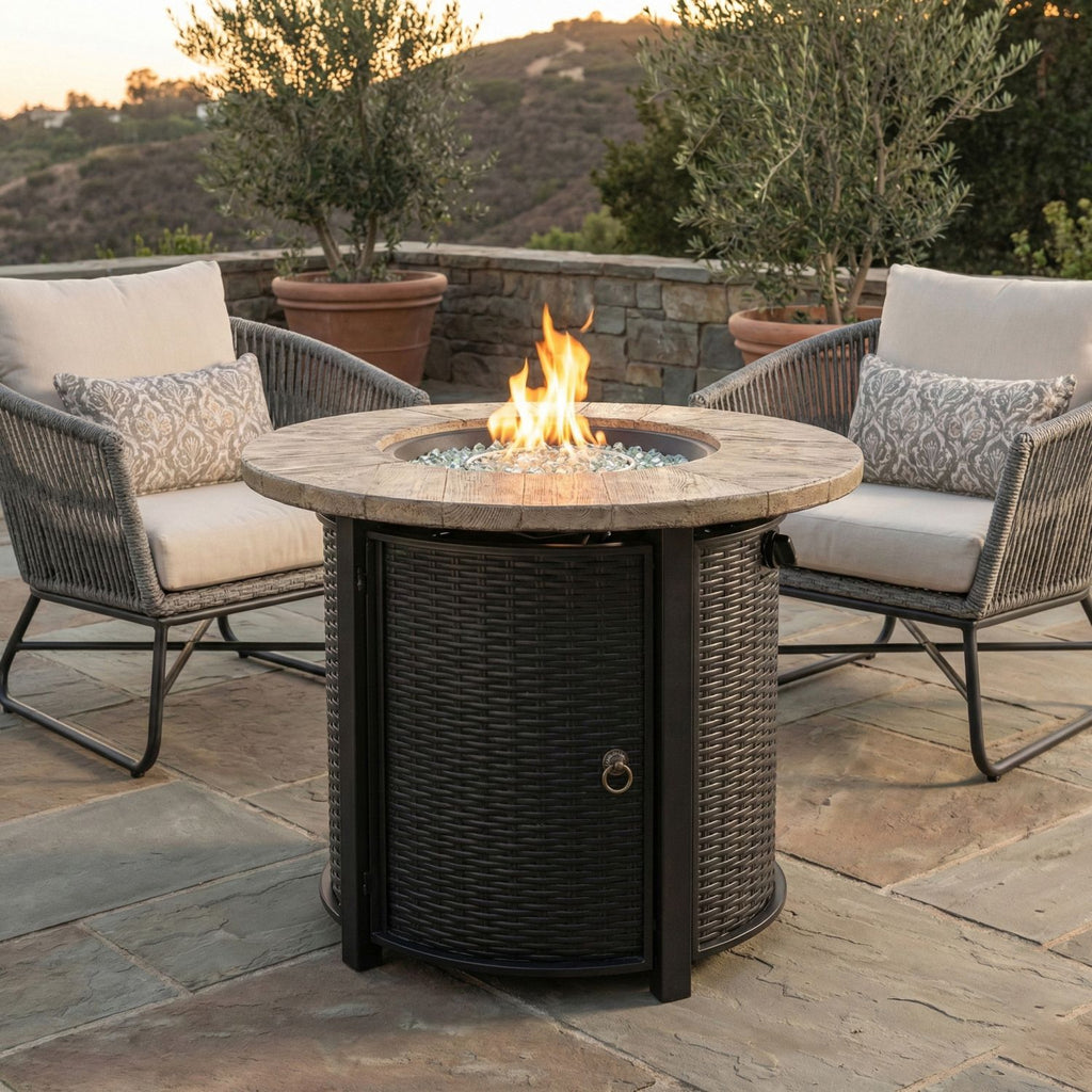 30" Propane Gas Fire Pit Table, 50000 BTU Round Steel Fire Pit with Imitation Wood Grain Finish for Outside Patio Deck Garden Backyard- Black