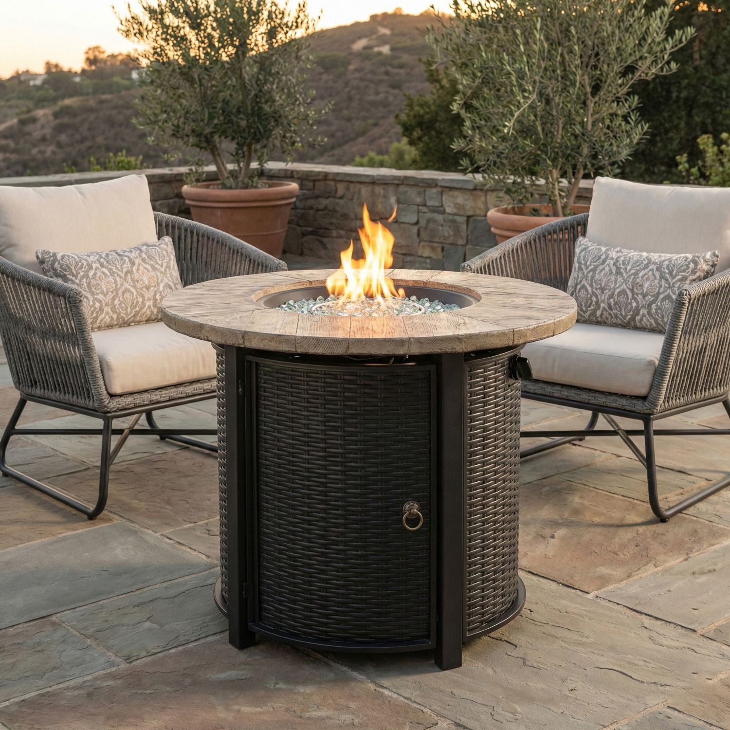 30" Propane Gas Fire Pit Table, 50000 BTU Round Steel Fire Pit with Imitation Wood Grain Finish for Outside Patio Deck Garden Backyard- Black