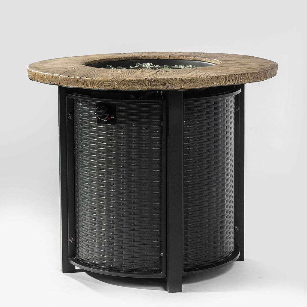 30" Propane Gas Fire Pit Table, 50000 BTU Round Steel Fire Pit with Imitation Wood Grain Finish for Outside Patio Deck Garden Backyard- Black