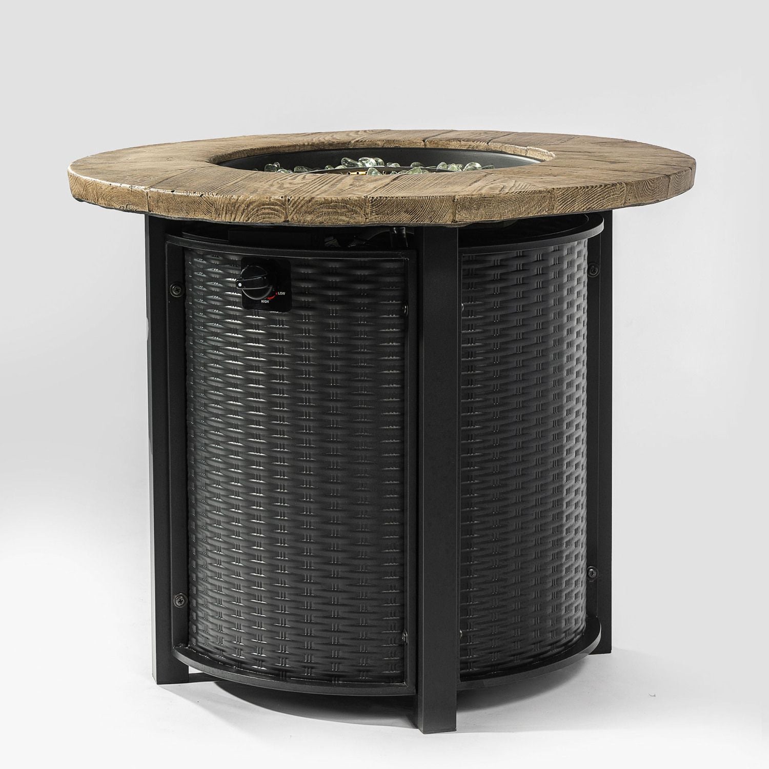 30" Propane Gas Fire Pit Table, 50000 BTU Round Steel Fire Pit with Imitation Wood Grain Finish for Outside Patio Deck Garden Backyard- Black