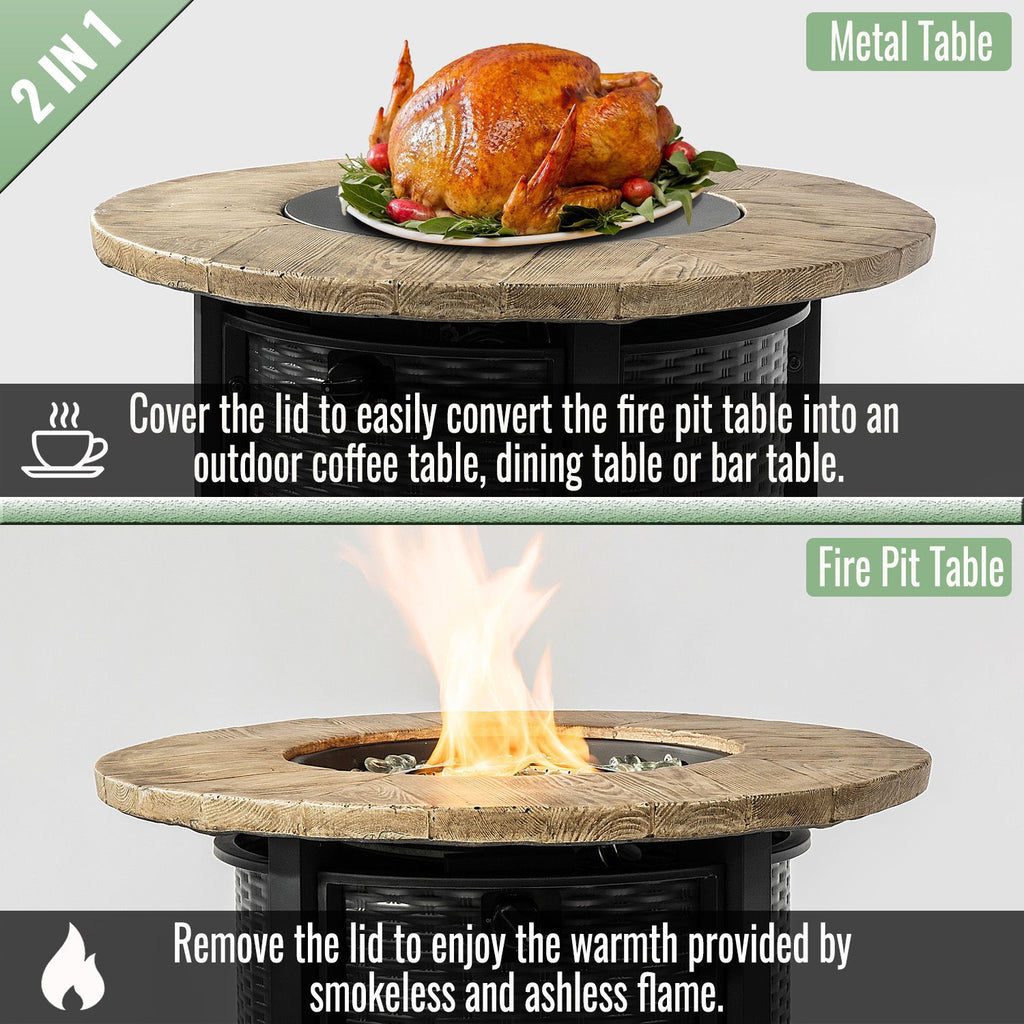 30" Propane Gas Fire Pit Table, 50000 BTU Round Steel Fire Pit with Imitation Wood Grain Finish for Outside Patio Deck Garden Backyard- Black