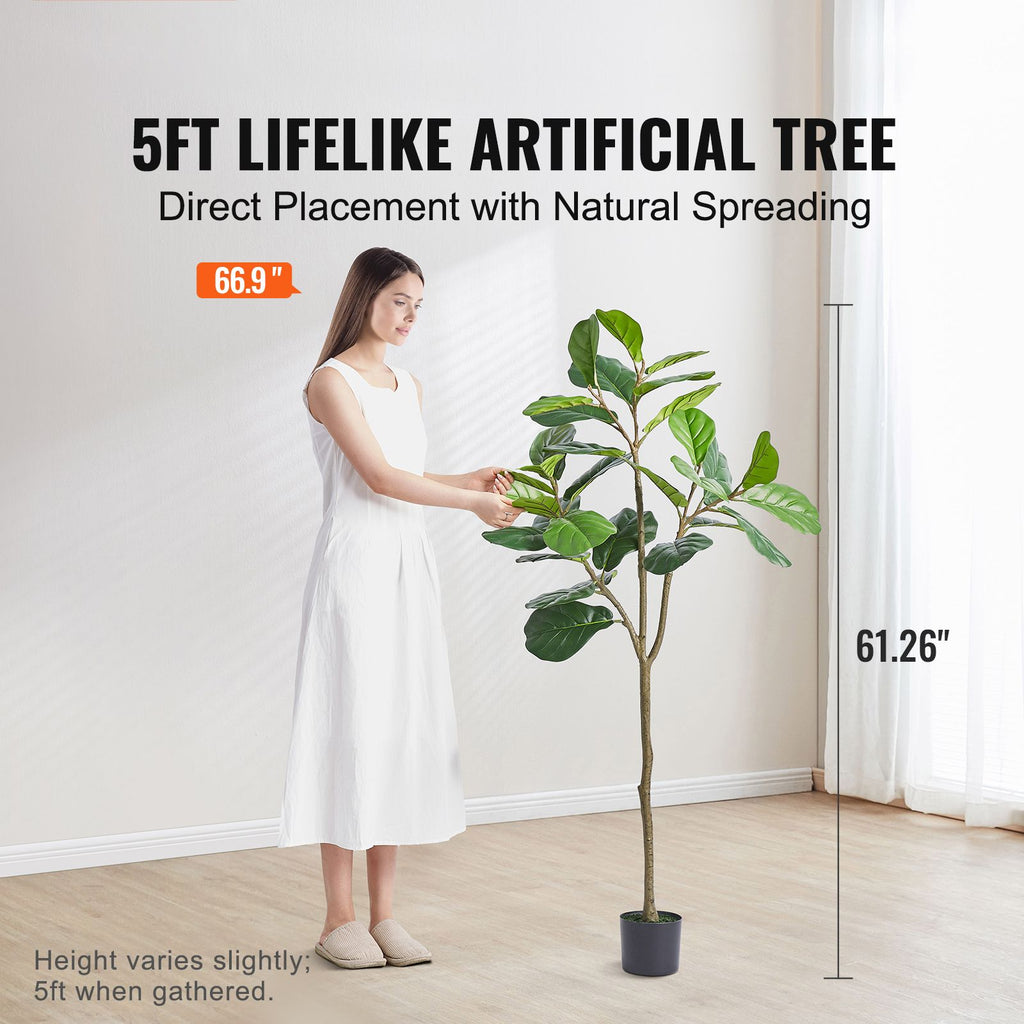 Artificial Fiddle Leaf Fig Tree, 5 FT, Secure PE Material & Anti-Tip Tilt Protection Low-Maintenance Faux Plant, Lifelike Green Fake Potted Tree for Home Office Warehouse Decor Indoor Outdoor