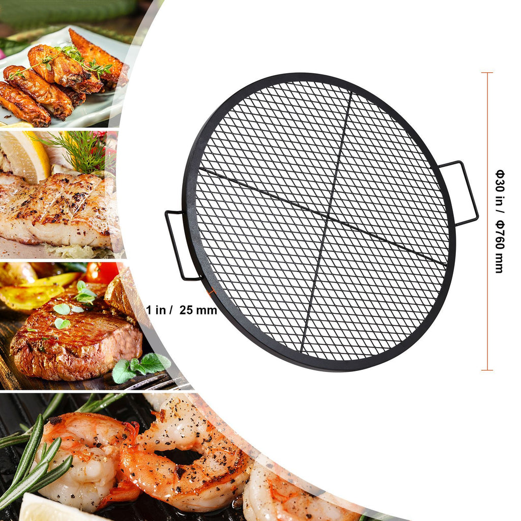 X-Marks Fire Pit Grill Grate, Round Cooking Grate, Heavy Duty Steel Campfire BBQ Grill Grid with Handle and Support X Wire, Portable Camping Cookware for Outside Party & Gathering, 30 Inch Black