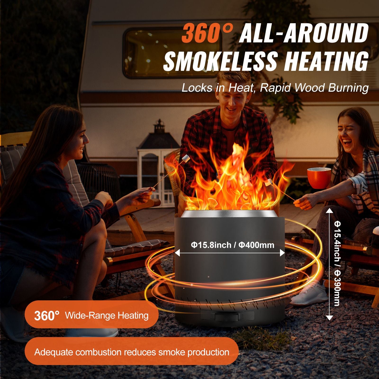 Smokeless Fire Pit Stove Bonfire, H: 15.4 in x Dia: 15.7 in ,Wood Burning Fireplaces with Removable Ash Pan, SUS430 Stainless Steel Inner Portable Outdoor Firepit,for Outdoor Patio Camping