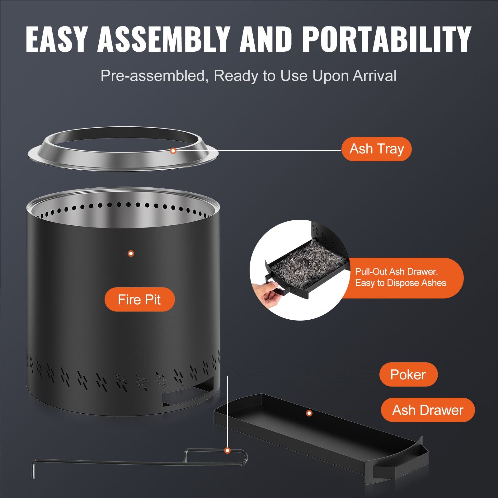 Smokeless Fire Pit Stove Bonfire, H: 15.4 in x Dia: 15.7 in ,Wood Burning Fireplaces with Removable Ash Pan, SUS430 Stainless Steel Inner Portable Outdoor Firepit,for Outdoor Patio Camping