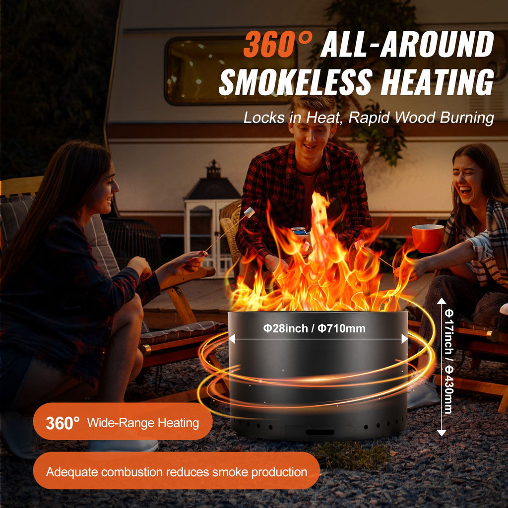Smokeless Fire Pit Stove Bonfire, H: 18 in x Dia: 28 in ,Wood Burning Fireplaces with Removable Ash Pan, SUS430 Stainless Steel inner Portable Outdoor Firepit,for Outdoor Patio Camping, Black