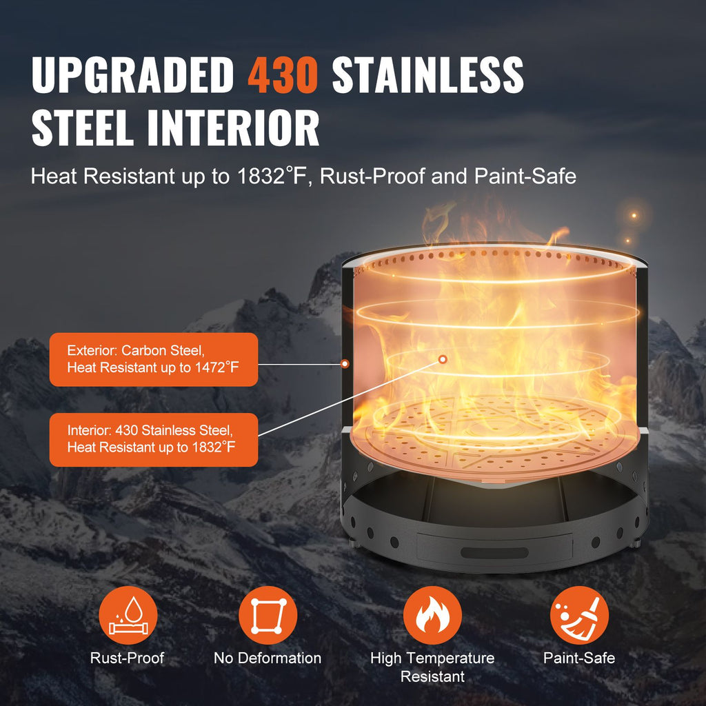Smokeless Fire Pit Stove Bonfire, H: 15.4 in x Dia: 19.3 in ,Wood Burning Fireplaces with Removable Ash Pan, SUS430 Stainless Steel inner Portable Outdoor Firepit, for Outdoor Patio Camping