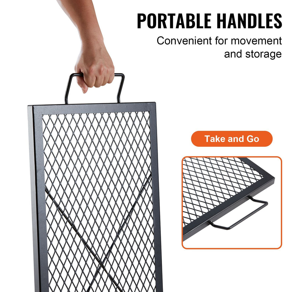 X-Marks Fire Pit Grill Grate, Rectangle Cooking Grate, Heavy Duty Steel Campfire BBQ Grill Grid with Handle & Support X Wire, Portable Camping Cookware for Outside Party Gathering, 32 Inch Black