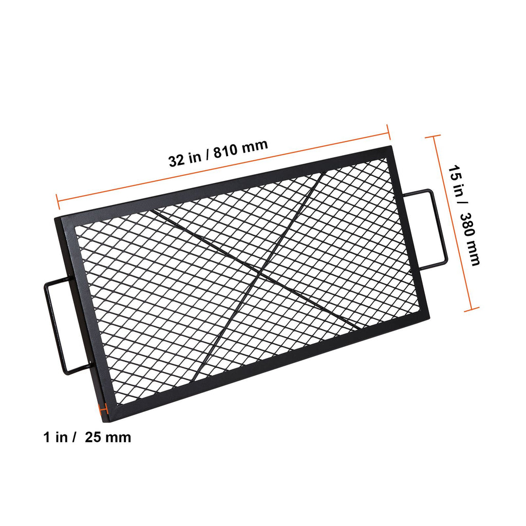 X-Marks Fire Pit Grill Grate, Rectangle Cooking Grate, Heavy Duty Steel Campfire BBQ Grill Grid with Handle & Support X Wire, Portable Camping Cookware for Outside Party Gathering, 32 Inch Black