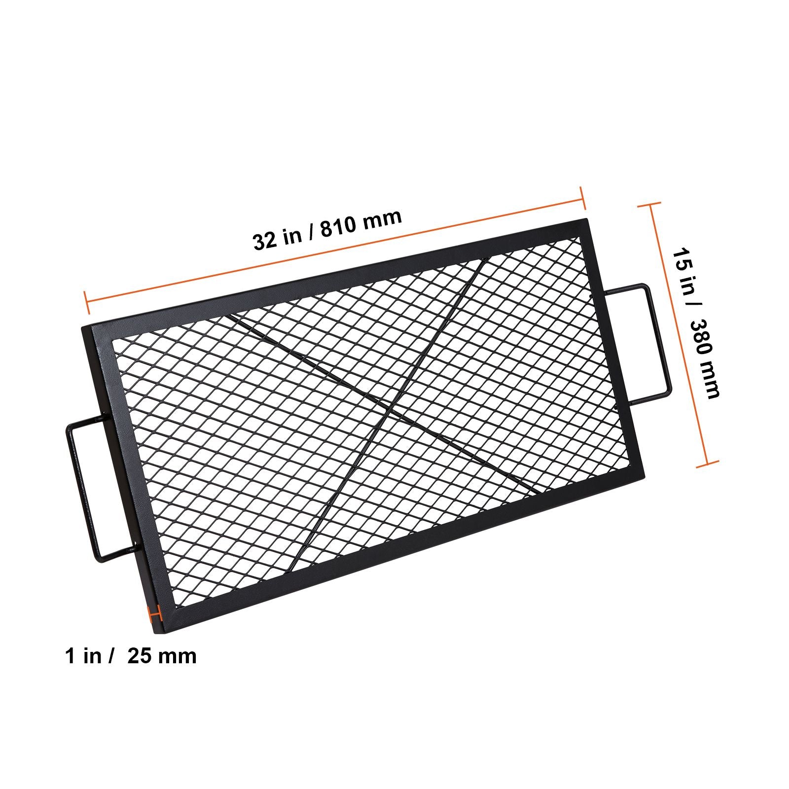X-Marks Fire Pit Grill Grate, Rectangle Cooking Grate, Heavy Duty Steel Campfire BBQ Grill Grid with Handle & Support X Wire, Portable Camping Cookware for Outside Party Gathering, 32 Inch Black