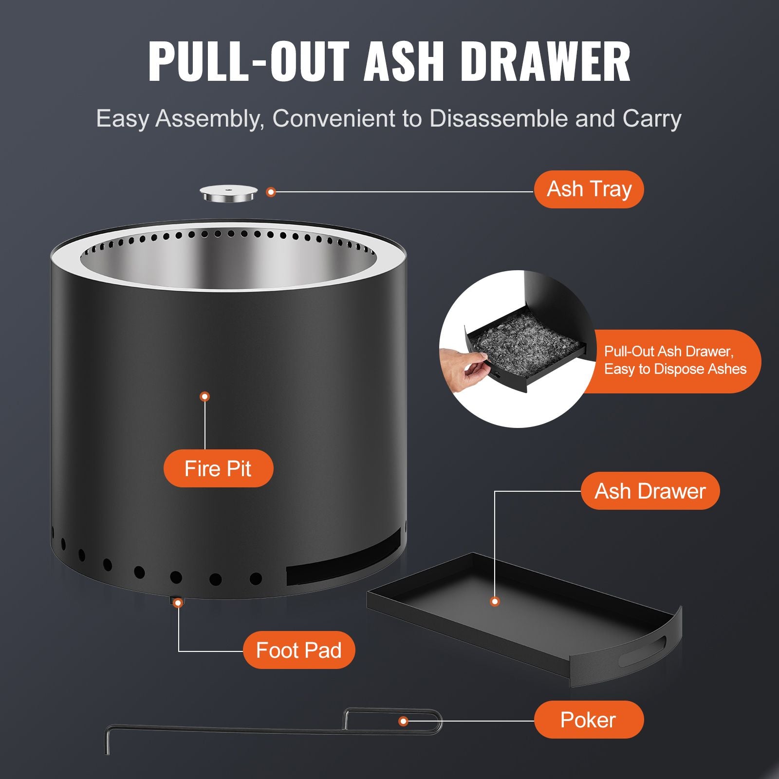 Smokeless Fire Pit Stove Bonfire, H: 12.6 in x Dia: 15 in ,Wood Burning Fireplaces with Removable Ash Pan, SUS430 Stainless Steel inner Portable Outdoor Firepit, Ideal for Outdoor Patio Camping