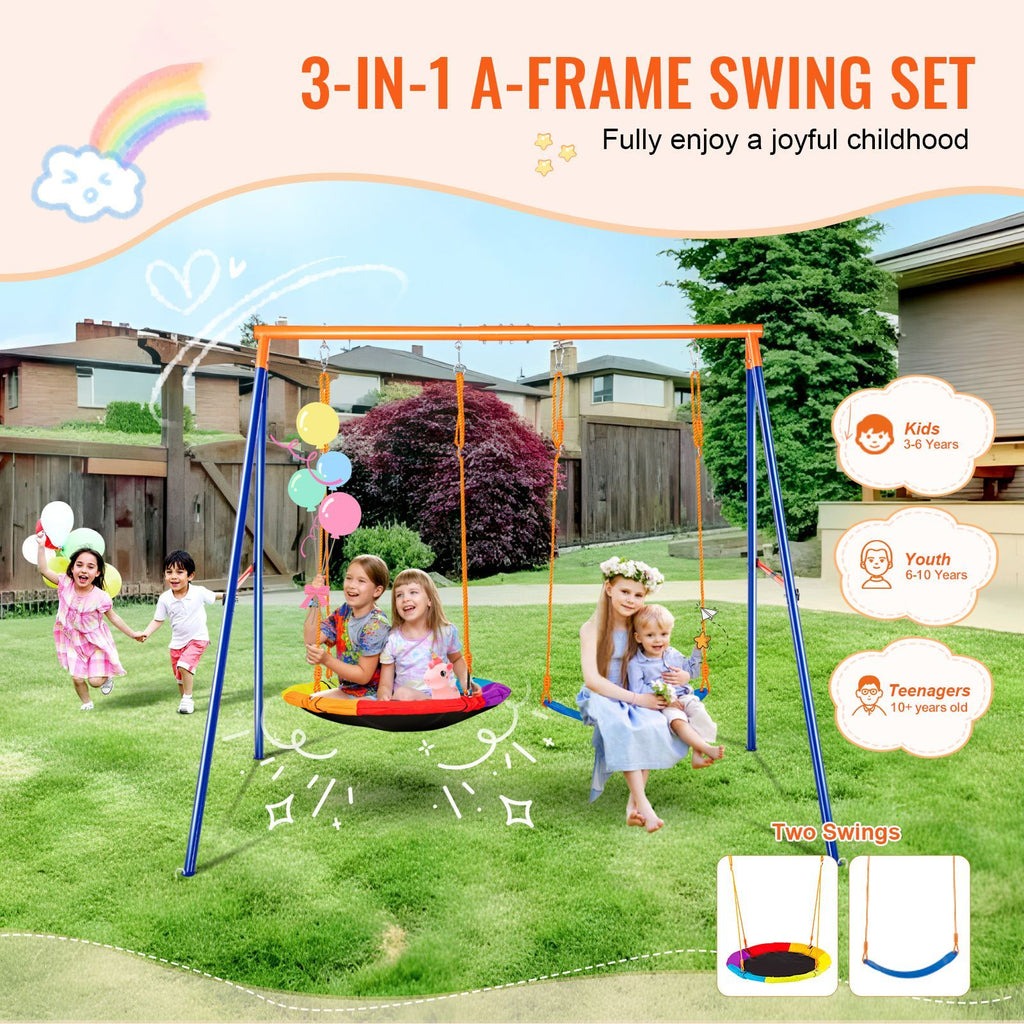 Swing Sets for Backyard, 440lbs Load Capacity Swing Set, with 1 Saucer Swing Seat, 1 Belt Swing Seat, Heavy Duty A-Frame Metal Swing Stand and Adjustable Rope, Swingset Outdoor for Kids