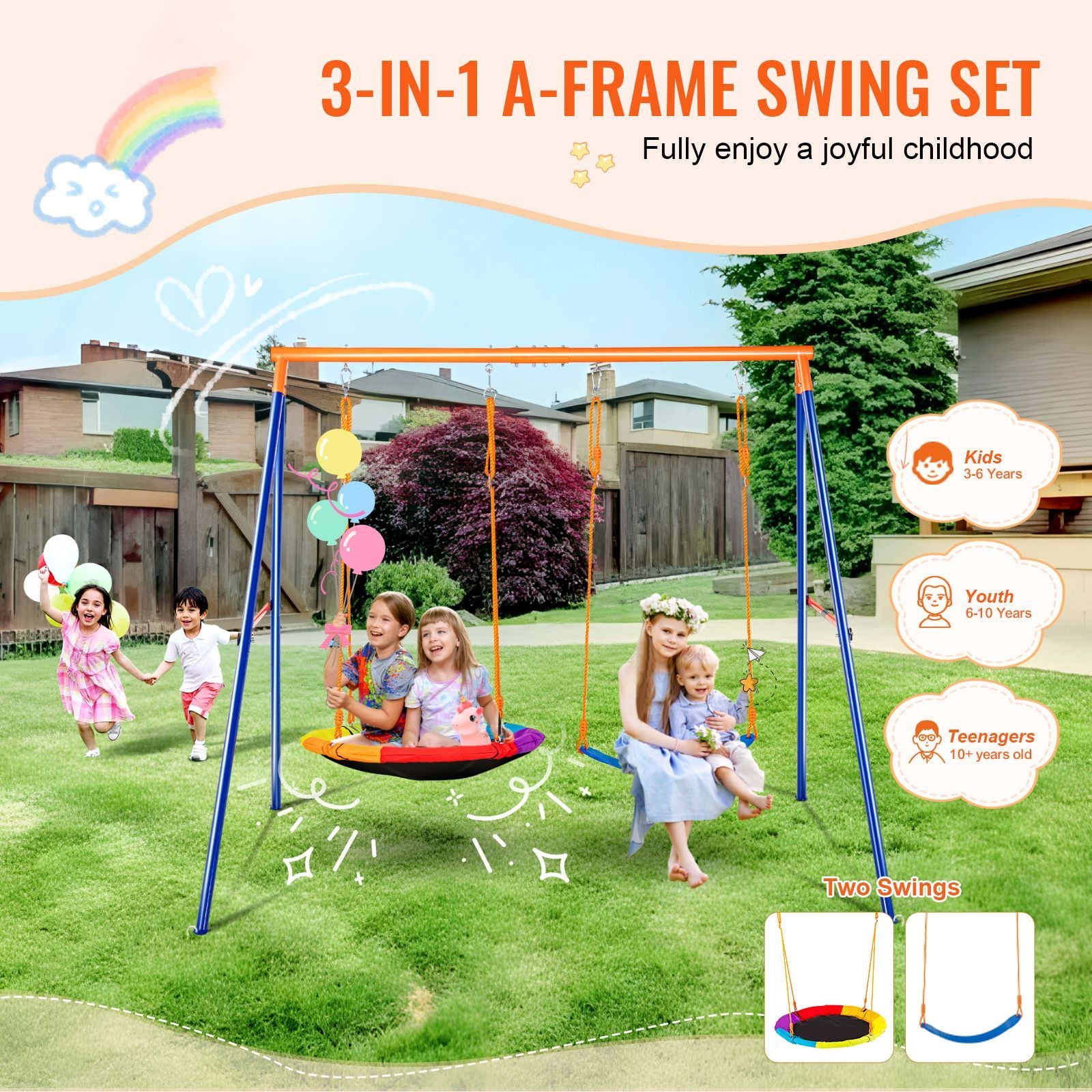 Swing Sets for Backyard, 440lbs Load Capacity Swing Set, with 1 Saucer Swing Seat, 1 Belt Swing Seat, Heavy Duty A-Frame Metal Swing Stand and Adjustable Rope, Swingset Outdoor for Kids