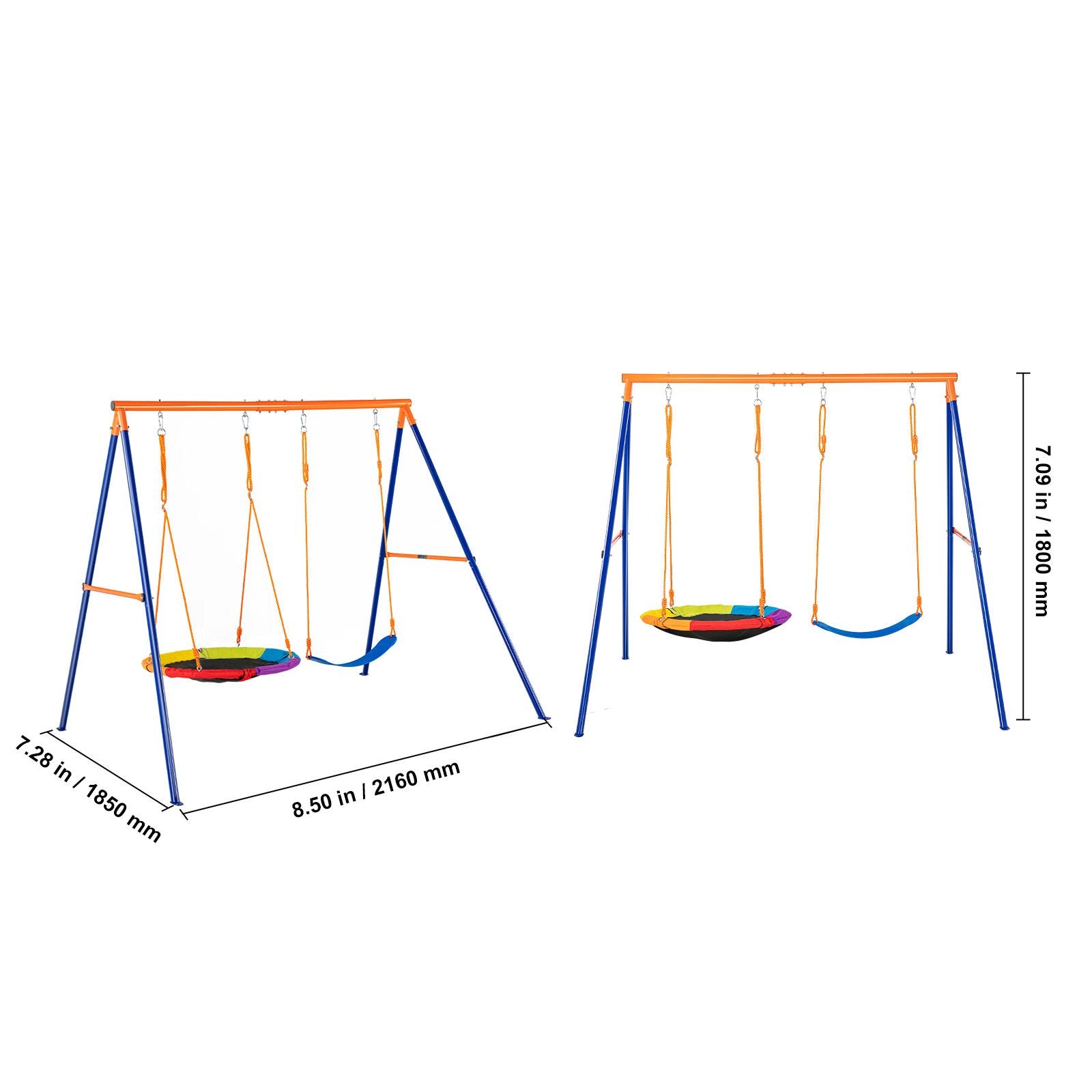 Swing Sets for Backyard, 440lbs Load Capacity Swing Set, with 1 Saucer Swing Seat, 1 Belt Swing Seat, Heavy Duty A-Frame Metal Swing Stand and Adjustable Rope, Swingset Outdoor for Kids