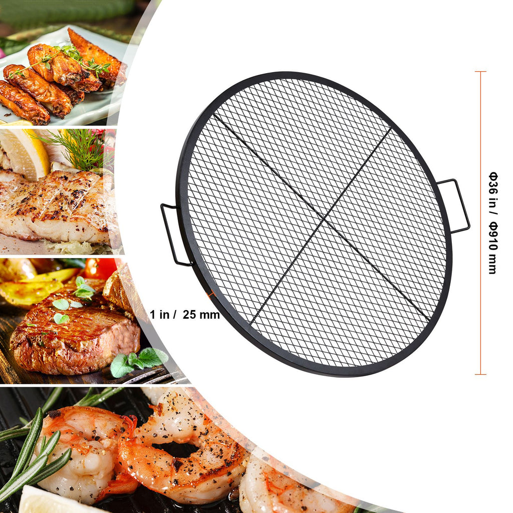 X-Marks Fire Pit Grill Grate, Round Cooking Grate, Heavy Duty Steel Campfire BBQ Grill Grid with Handle and Support X Wire, Portable Camping Cookware for Outside Party & Gathering, 36 Inch Black