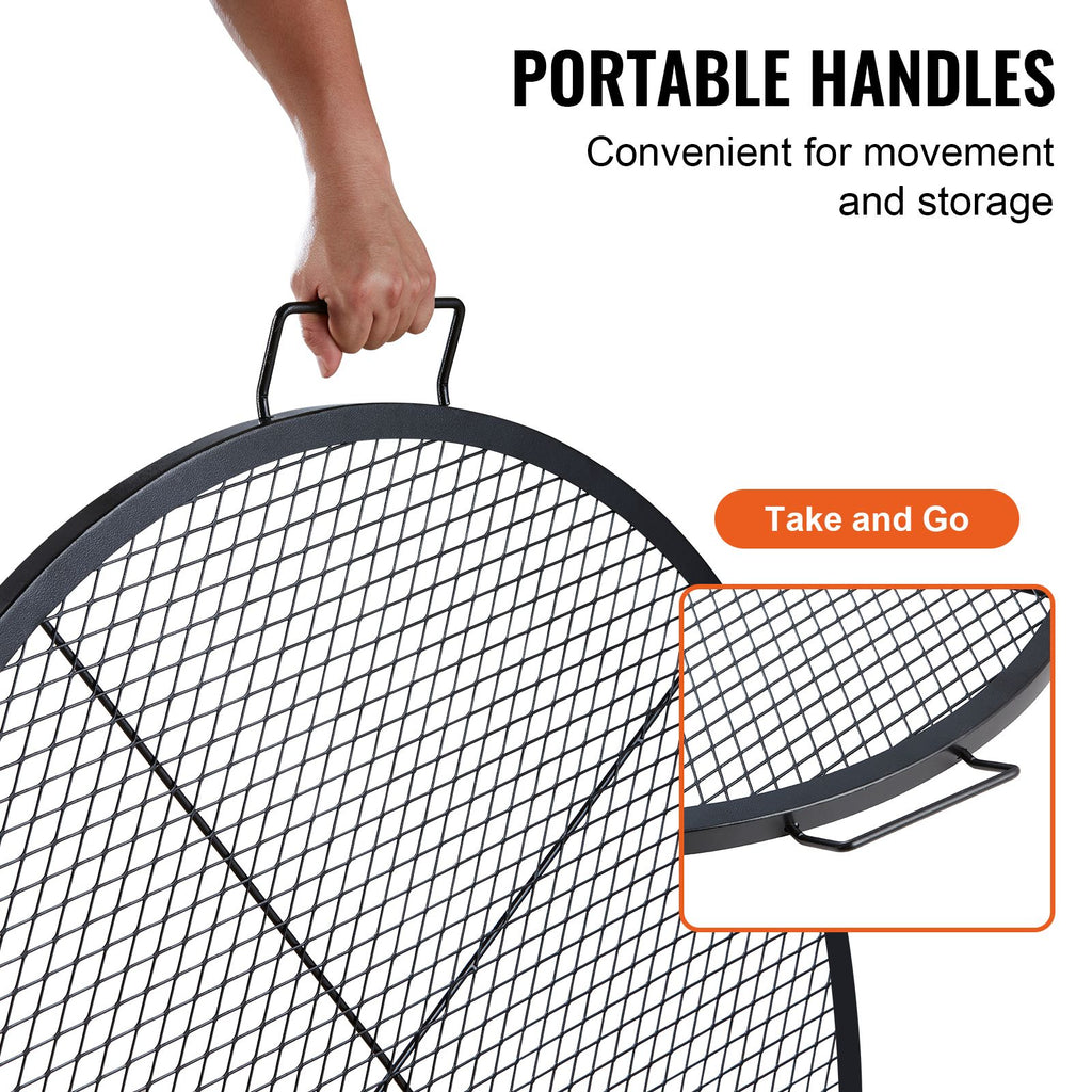 X-Marks Fire Pit Grill Grate, Round Cooking Grate, Heavy Duty Steel Campfire BBQ Grill Grid with Handle and Support X Wire, Portable Camping Cookware for Outside Party & Gathering, 36 Inch Black