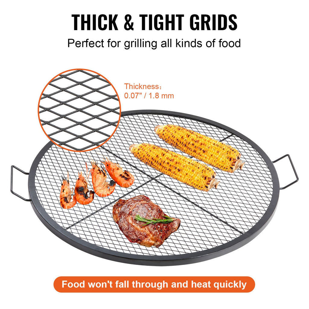 X-Marks Fire Pit Grill Grate, Round Cooking Grate, Heavy Duty Steel Campfire BBQ Grill Grid with Handle and Support X Wire, Portable Camping Cookware for Outside Party & Gathering, 36 Inch Black